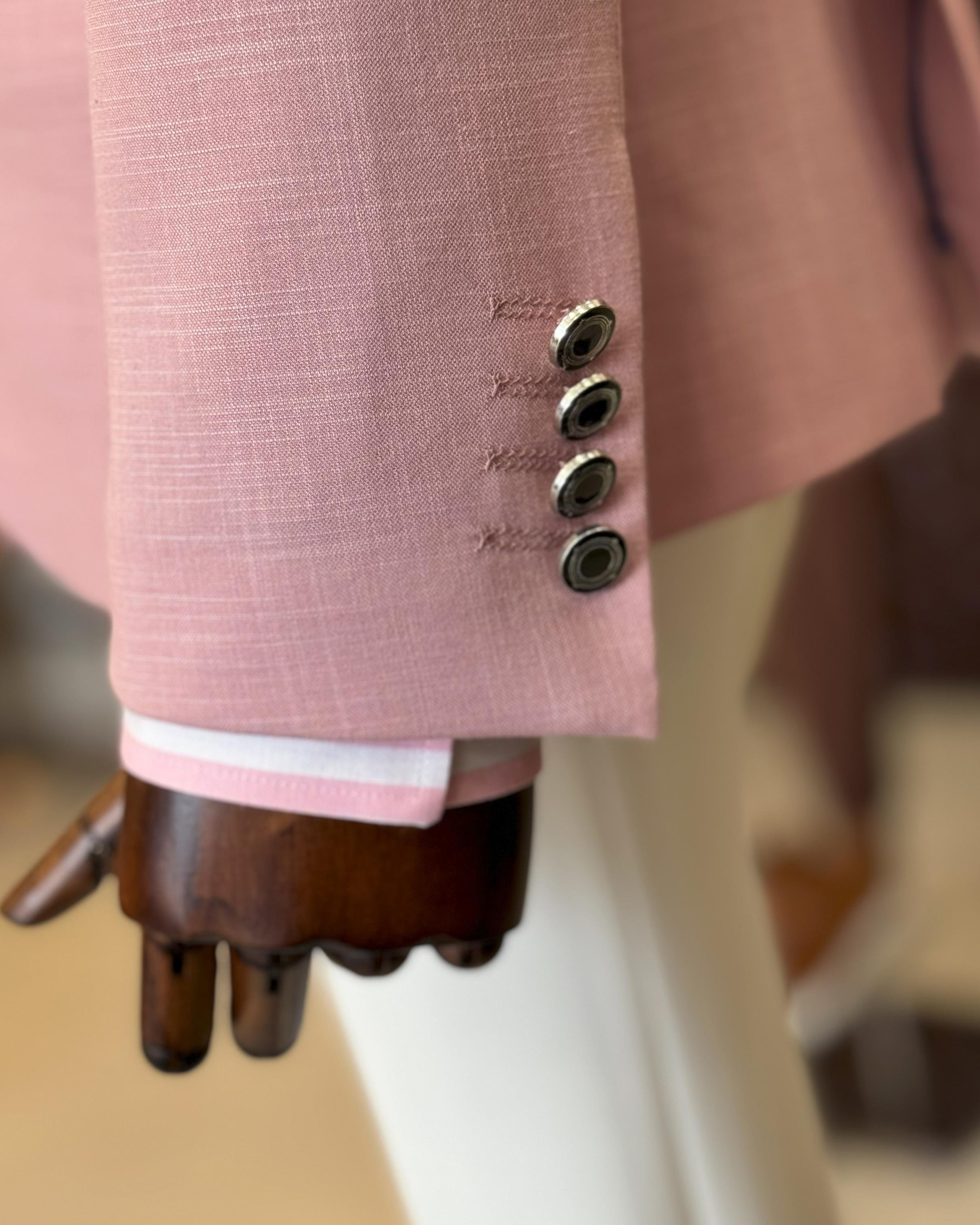 İtalyan stil erkek slim fit mono yaka keten karışımlı ceket pembe T11989