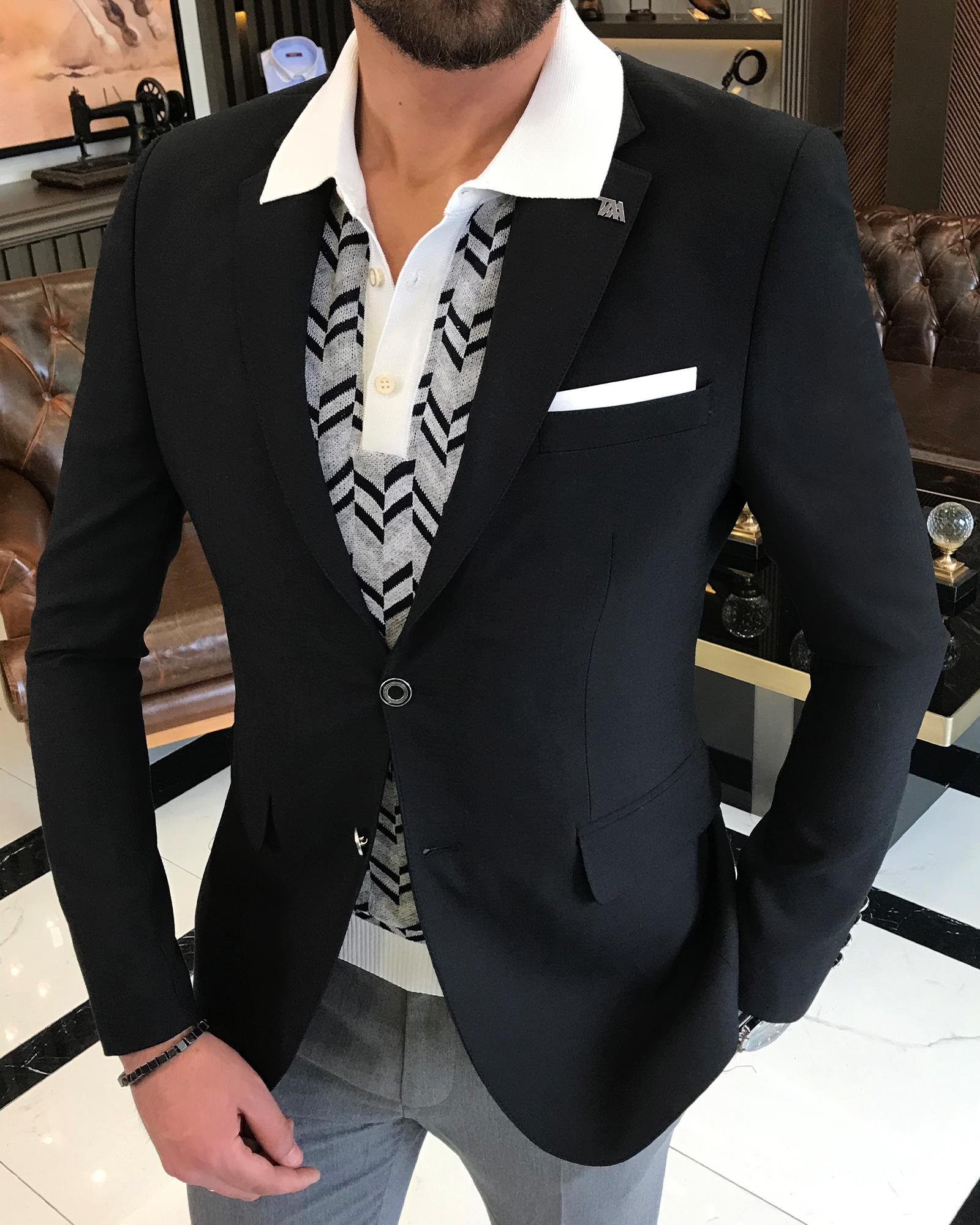 Italian style men's slim fit mono collar linen blended jacket black T9336