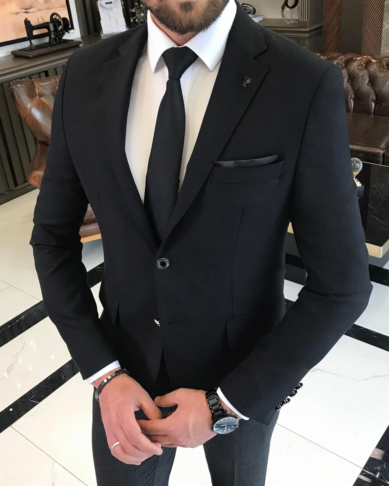 Italian style men's slim fit mono collar linen blended jacket black T9336