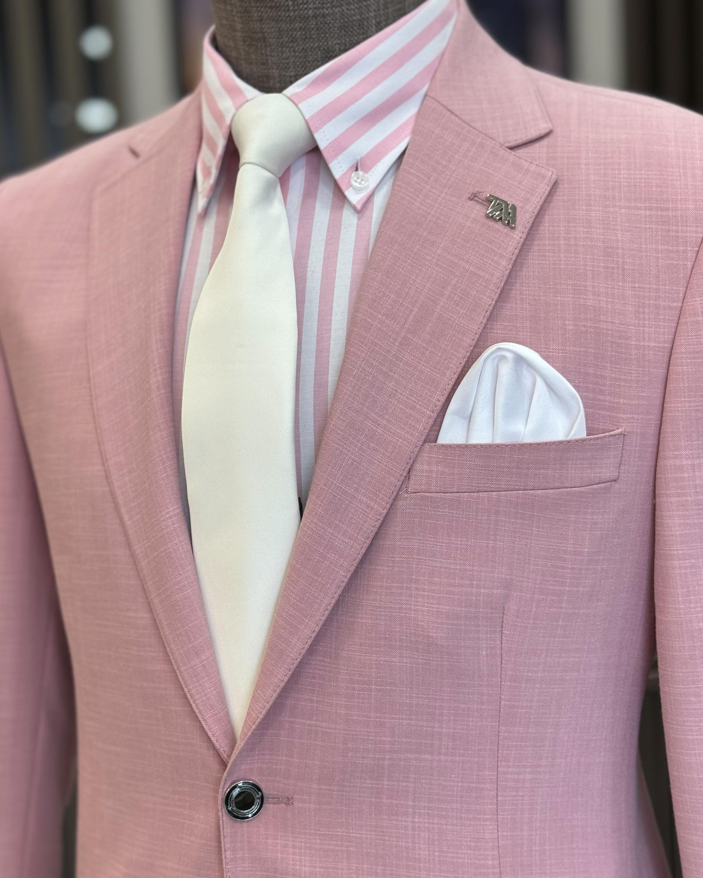 İtalyan stil erkek slim fit mono yaka keten karışımlı ceket pembe T11989
