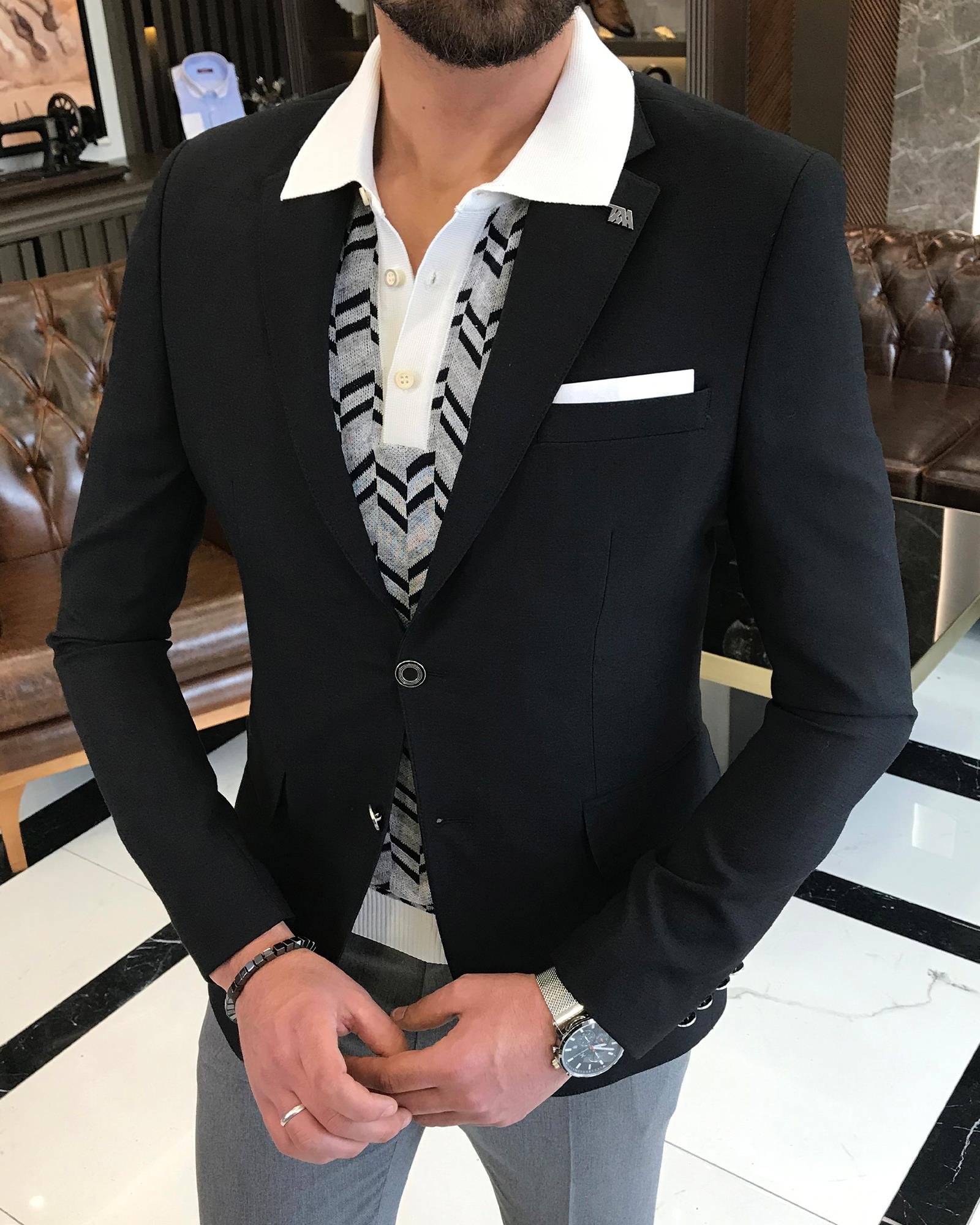 Italian style men's slim fit mono collar linen blended jacket black T9336
