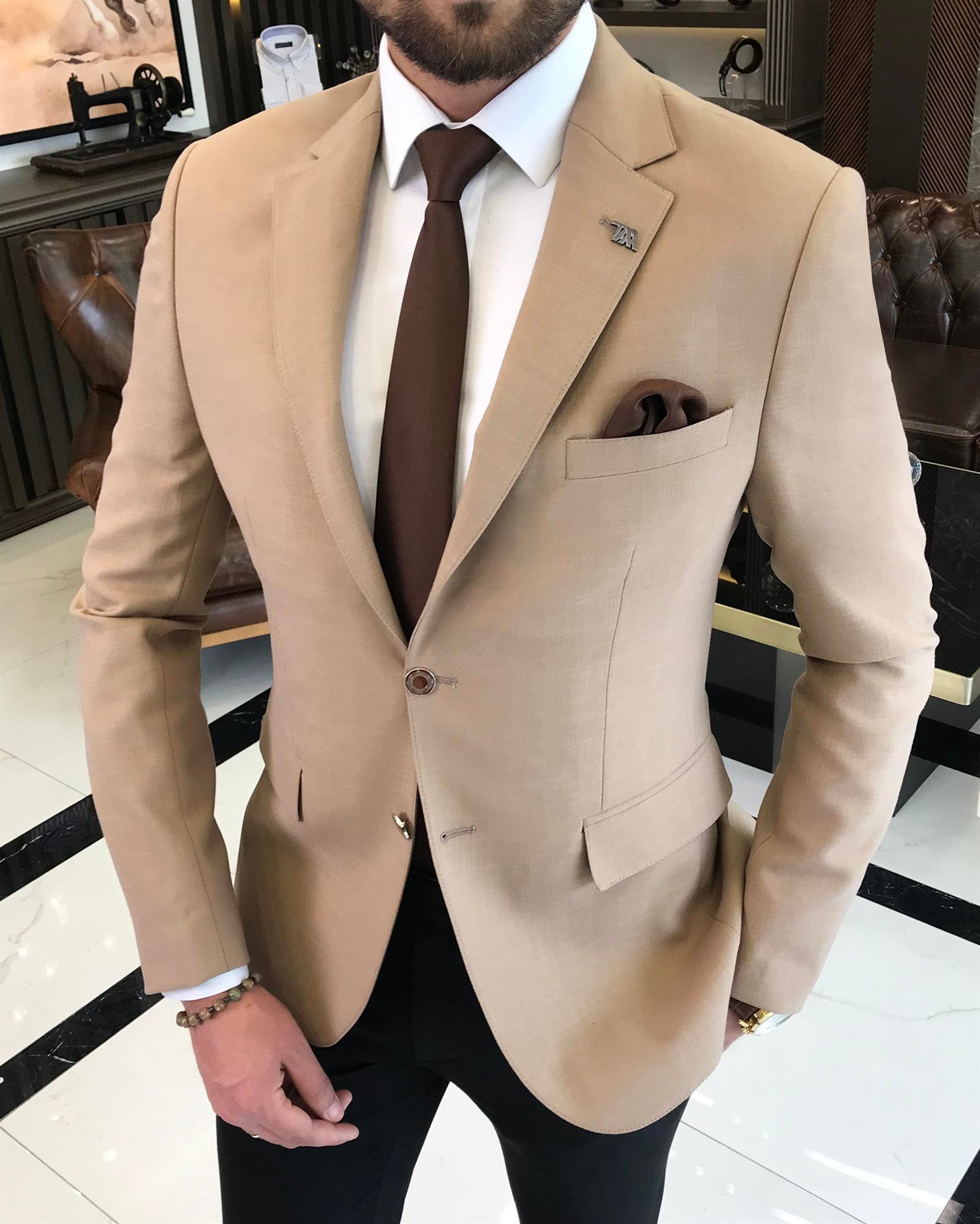 Italian style men's slim fit mono collar linen blended jacket camel T9337