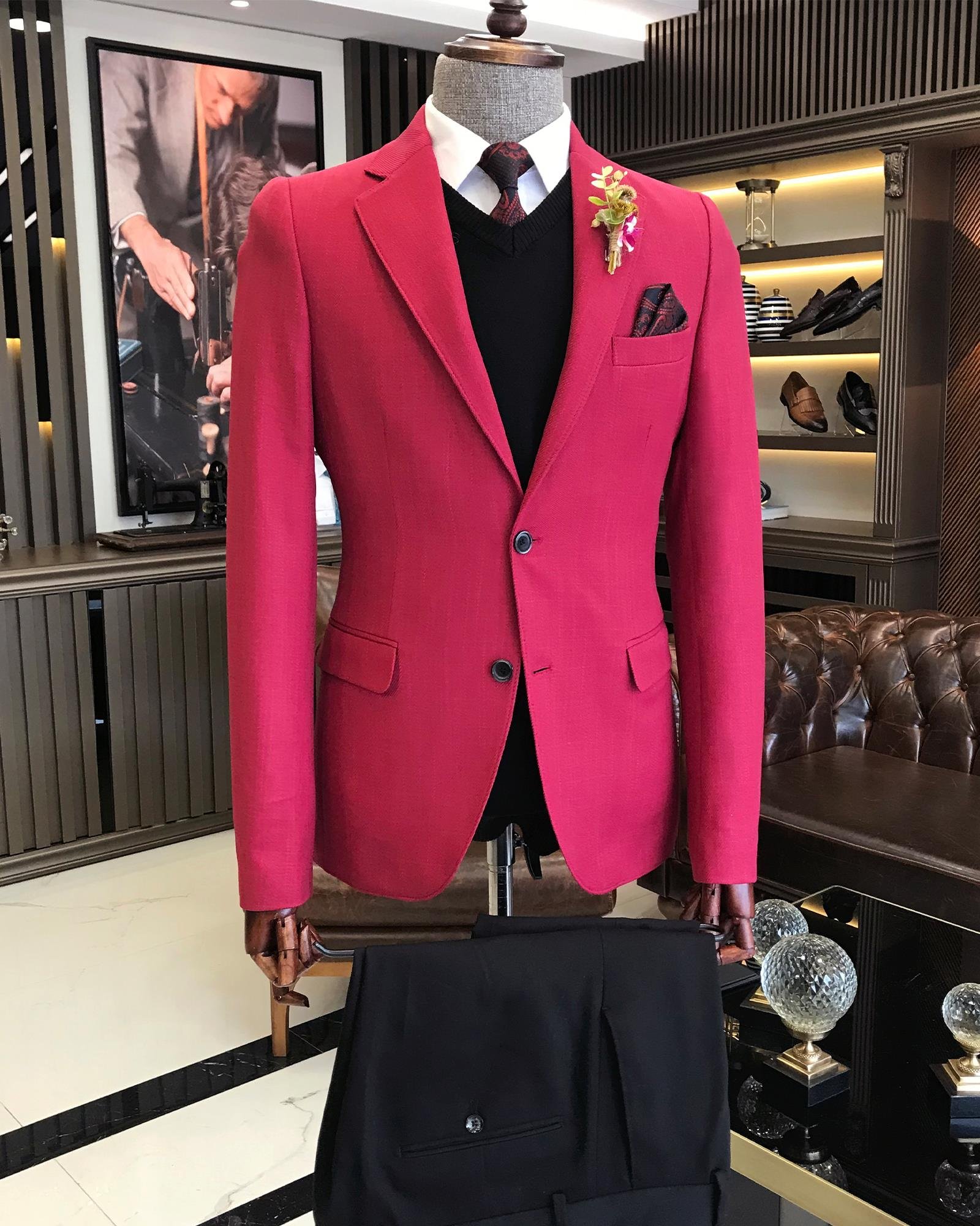 İtalyan stil erkek slim fit mono yaka pamuk karışımlı ceket pembe T9331