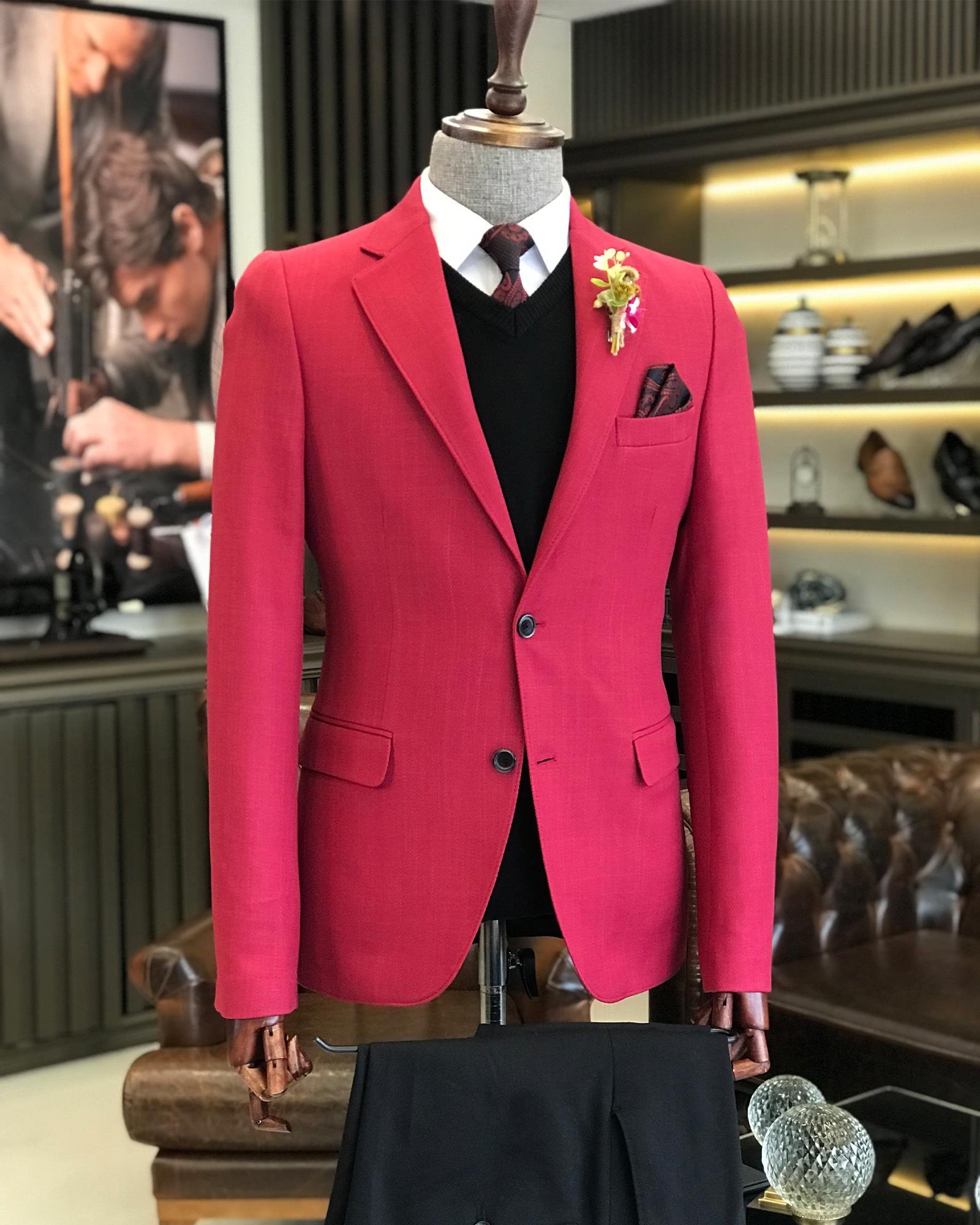 İtalyan stil erkek slim fit mono yaka pamuk karışımlı ceket pembe T9331