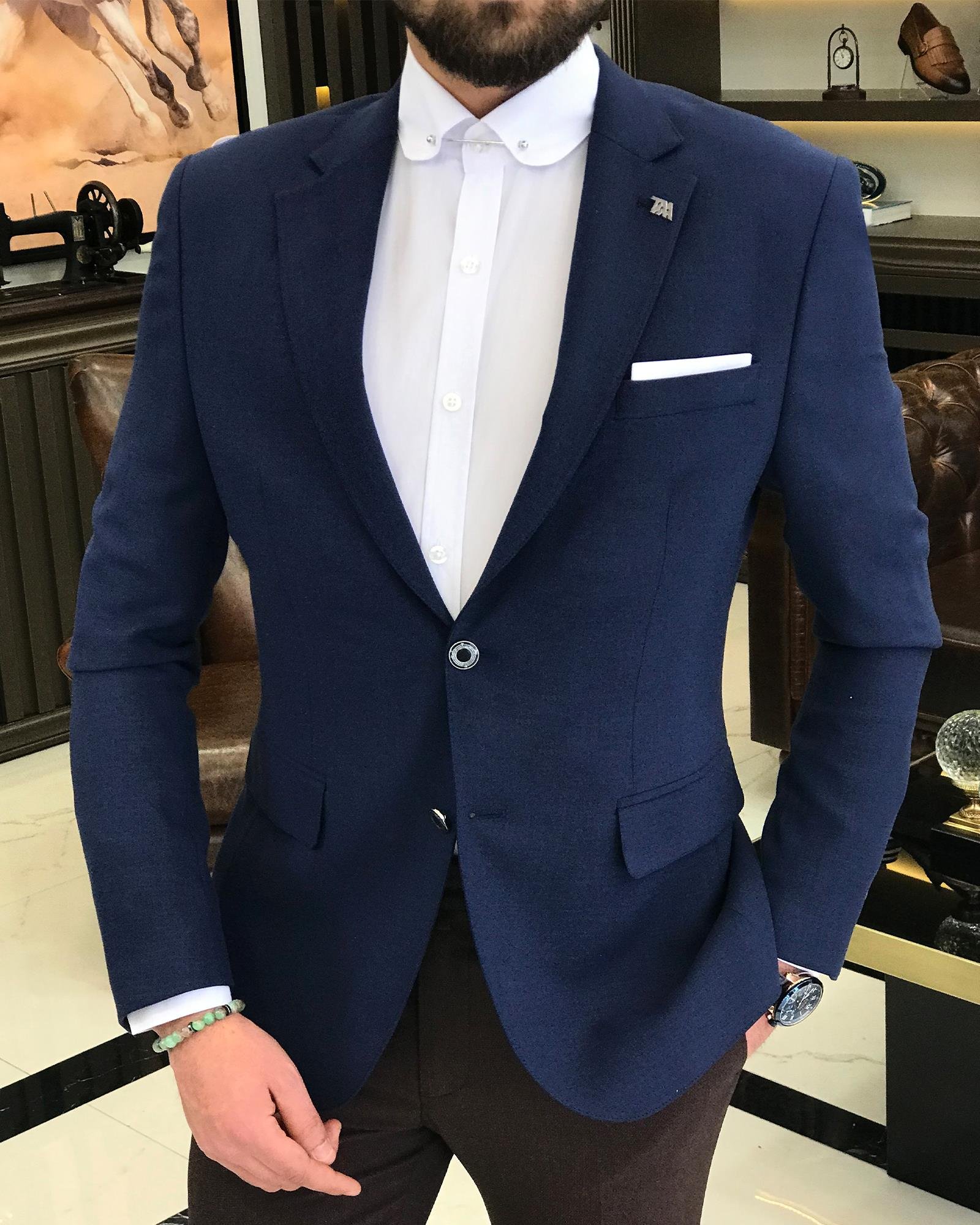 İtalyan stil erkek slim fit mono yaka keten karışımlı ceket lacivert T9338