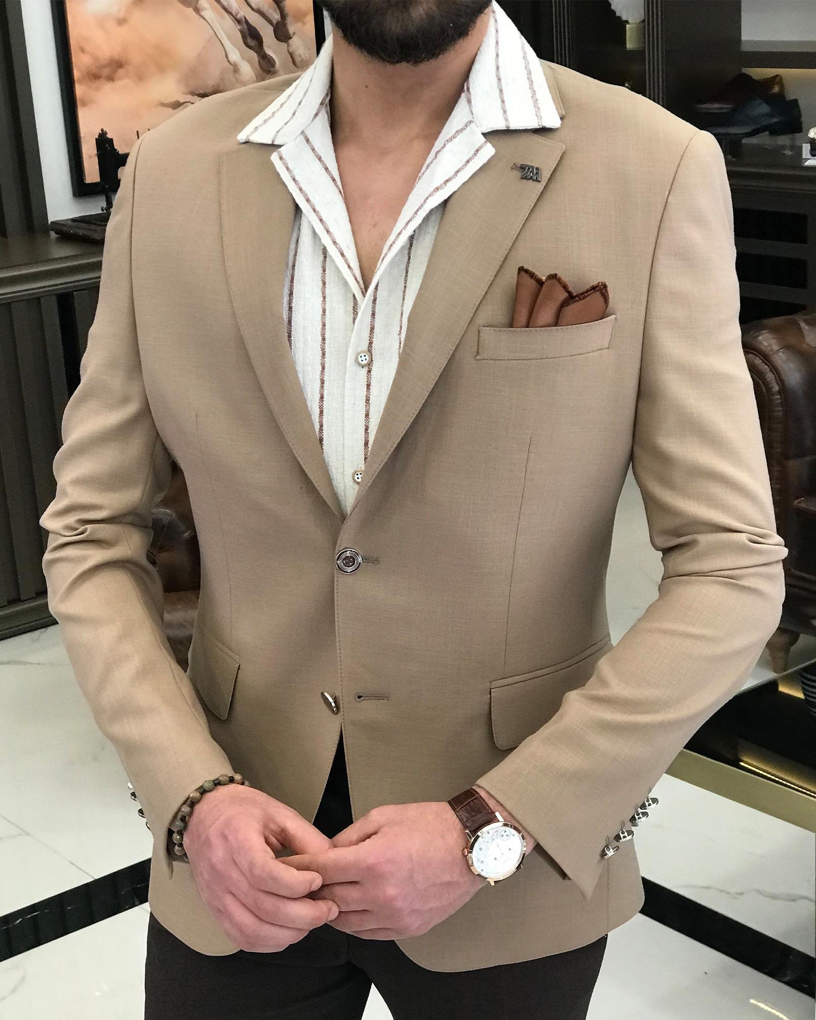 İtalyan stil erkek slim fit mono yaka keten karışımlı ceket camel T9337