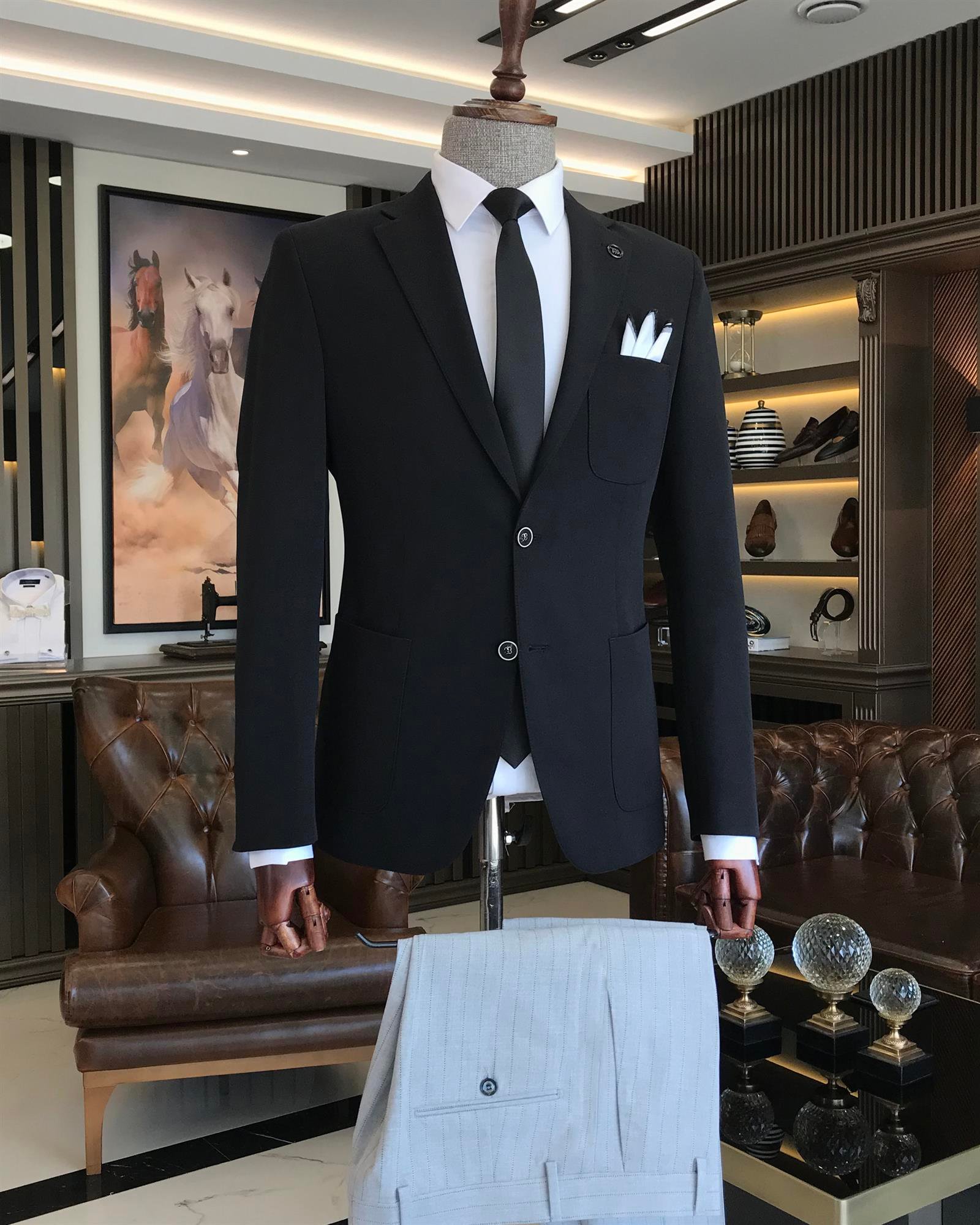 Italian style men's slim fit mono collar wool blended jacket black T9662