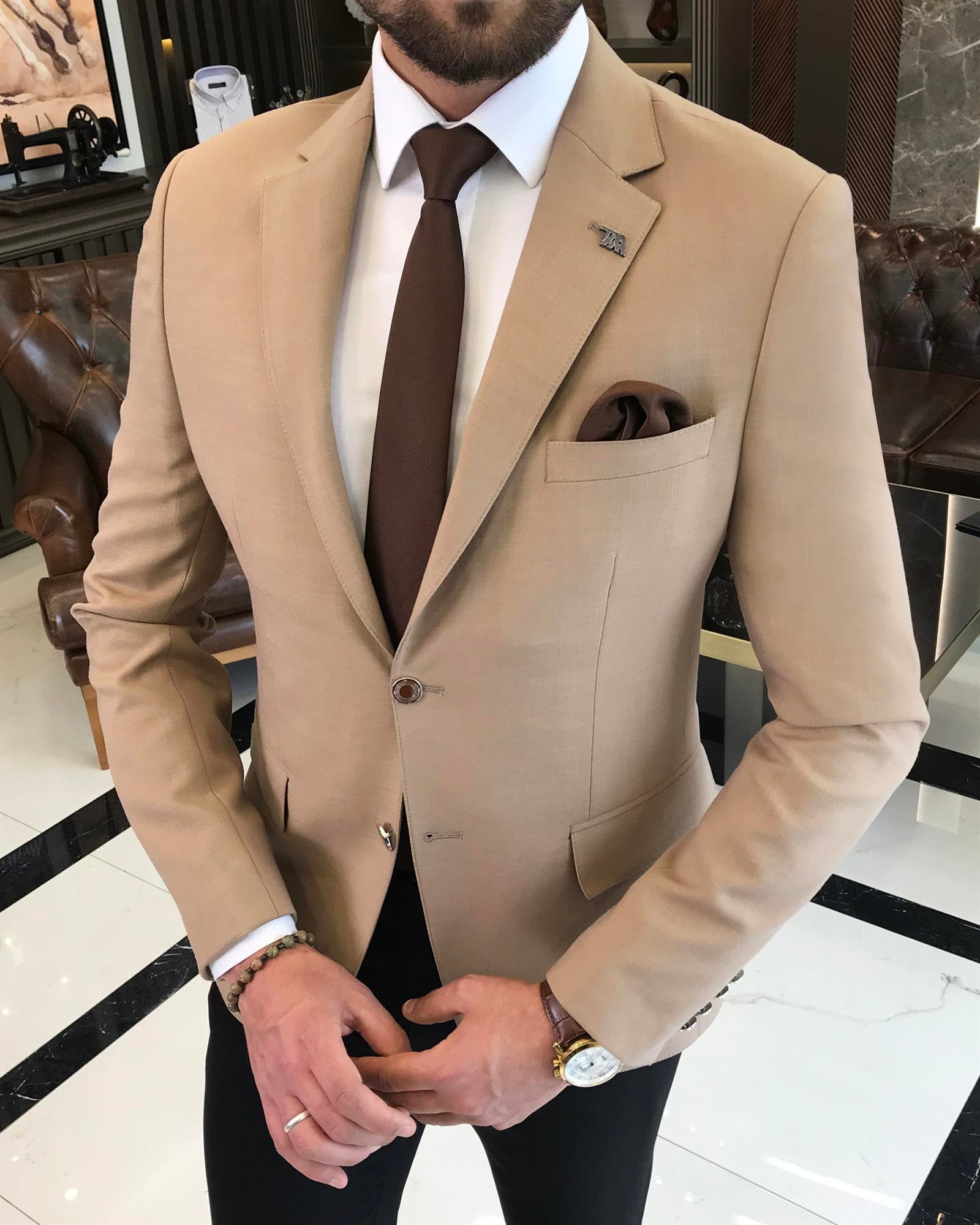 Italian style men's slim fit mono collar linen blended jacket camel T9337