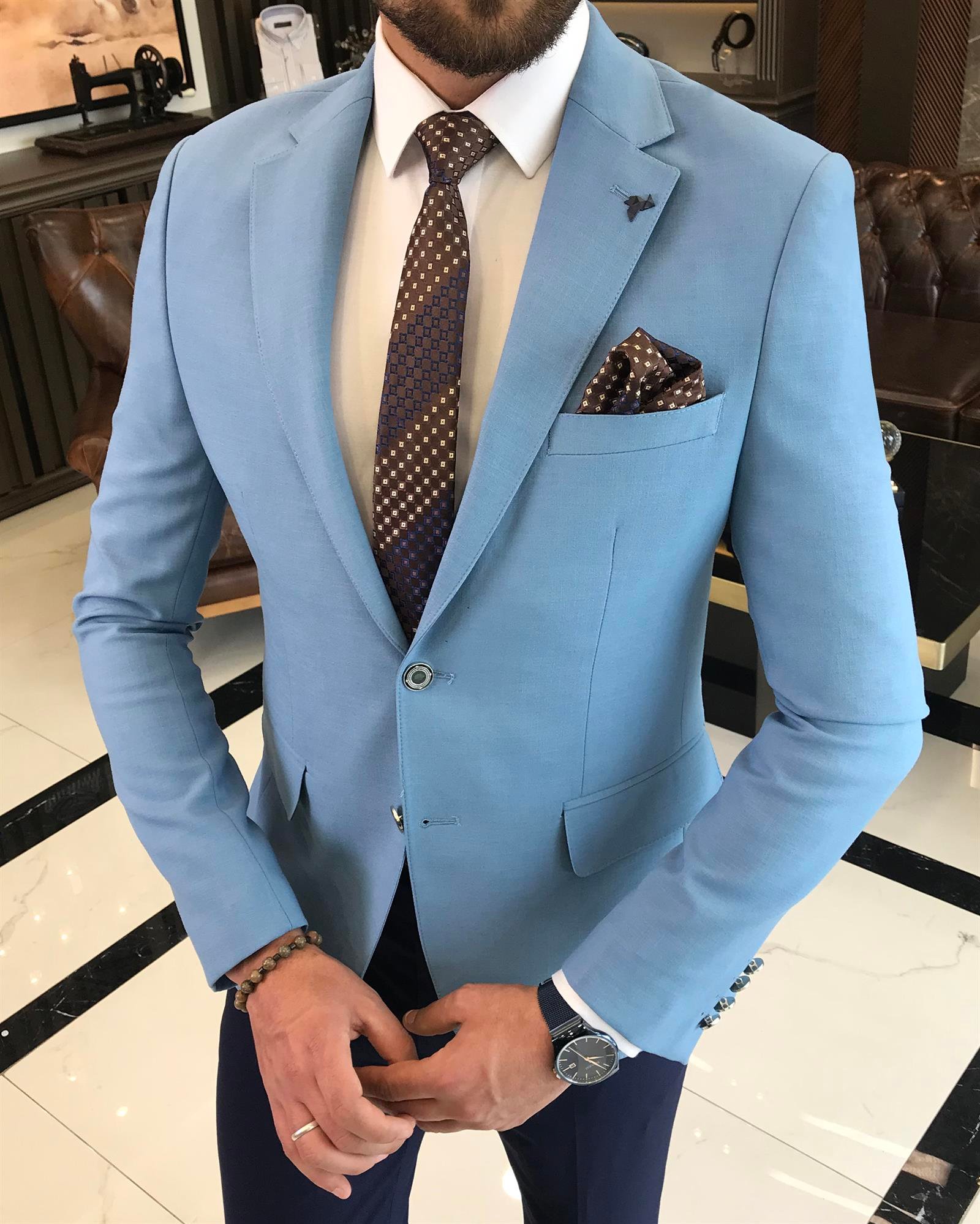 Italian Style Battal Blazer Men's Single Jacket Blue T7693