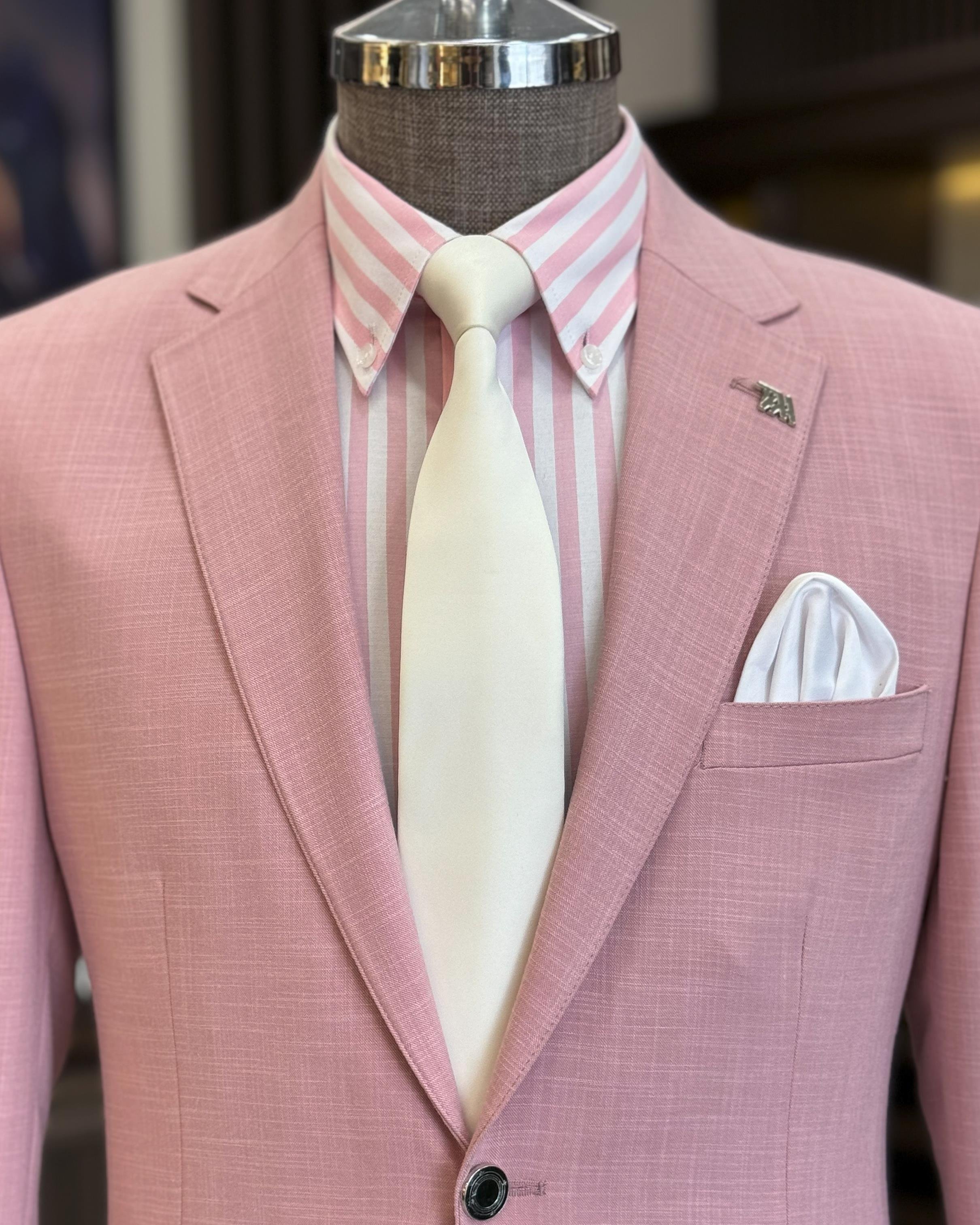 İtalyan stil erkek slim fit mono yaka keten karışımlı ceket pembe T11989