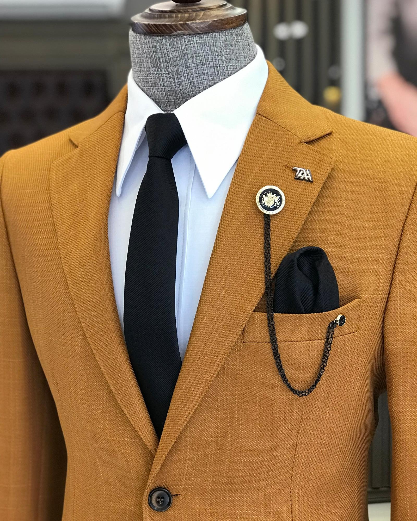 İtalyan stil erkek slim fit mono yaka pamuk karışımlı ceket hardal T9332