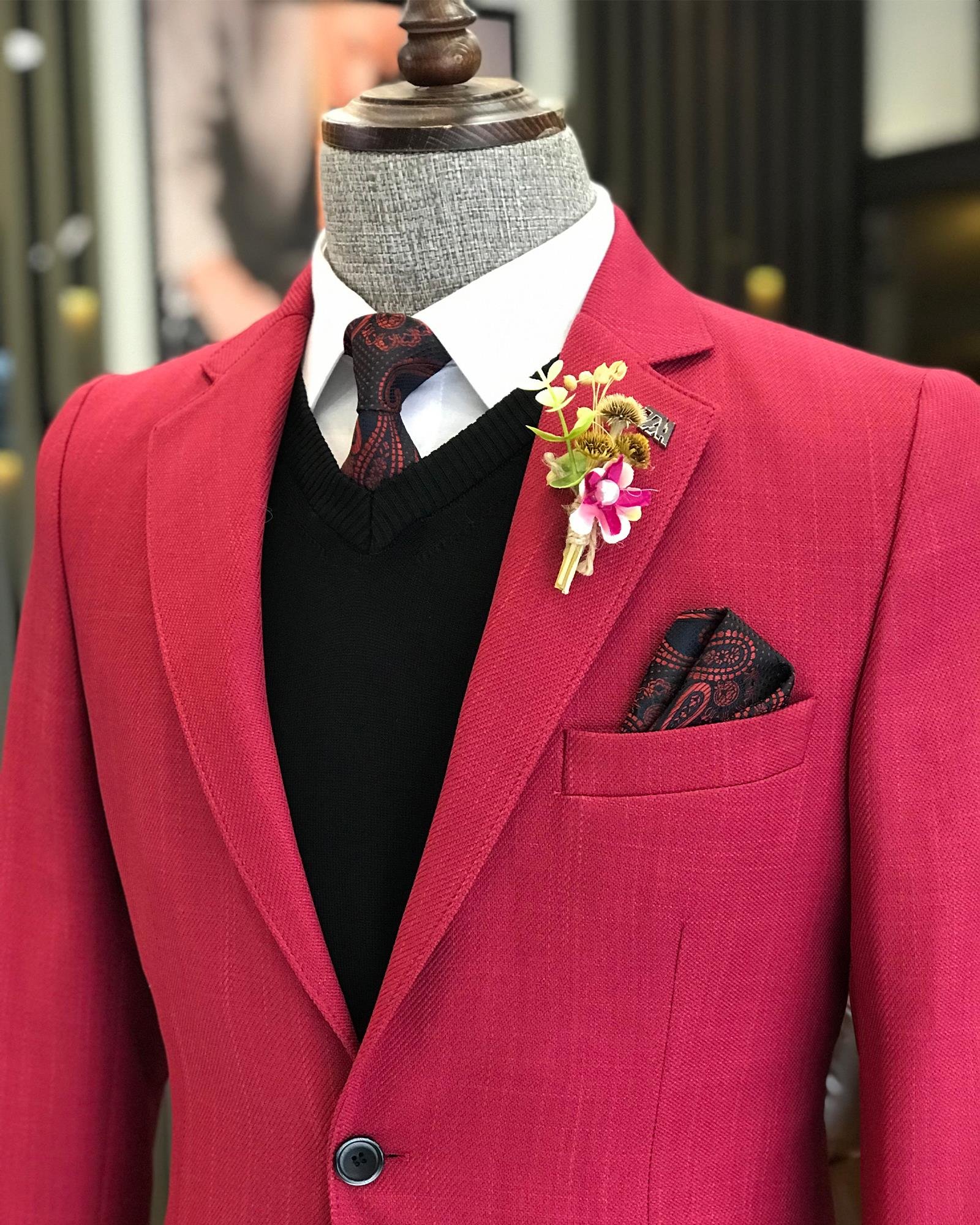İtalyan stil erkek slim fit mono yaka pamuk karışımlı ceket pembe T9331