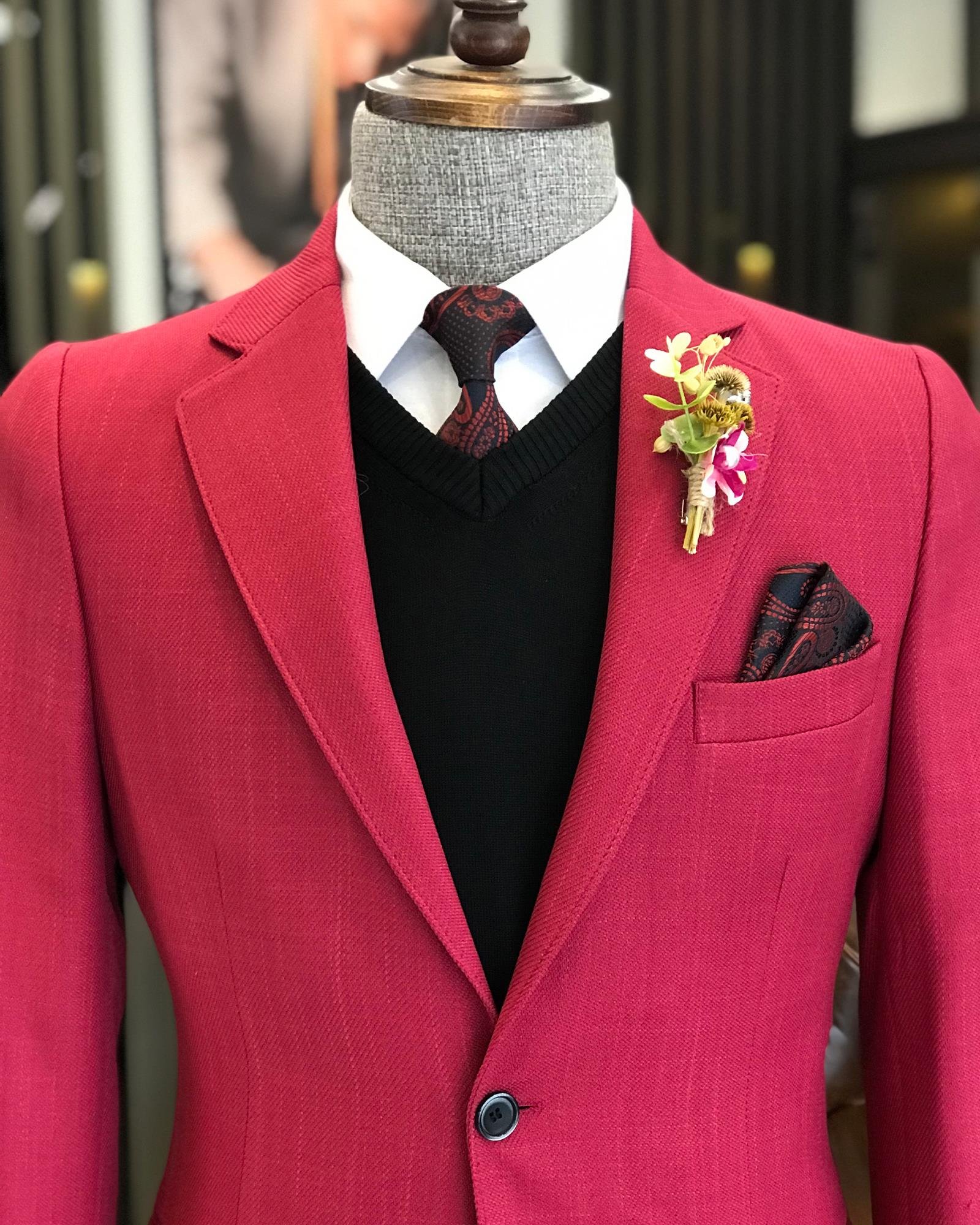 İtalyan stil erkek slim fit mono yaka pamuk karışımlı ceket pembe T9331