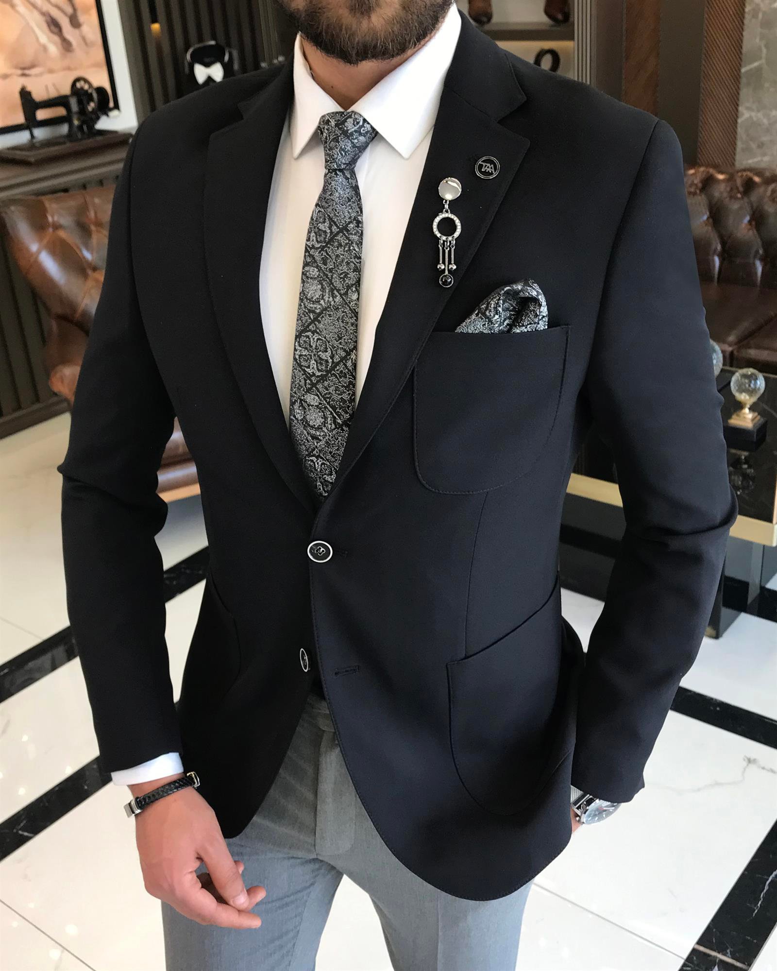 Italian style men's slim fit mono collar wool blended jacket black T9662
