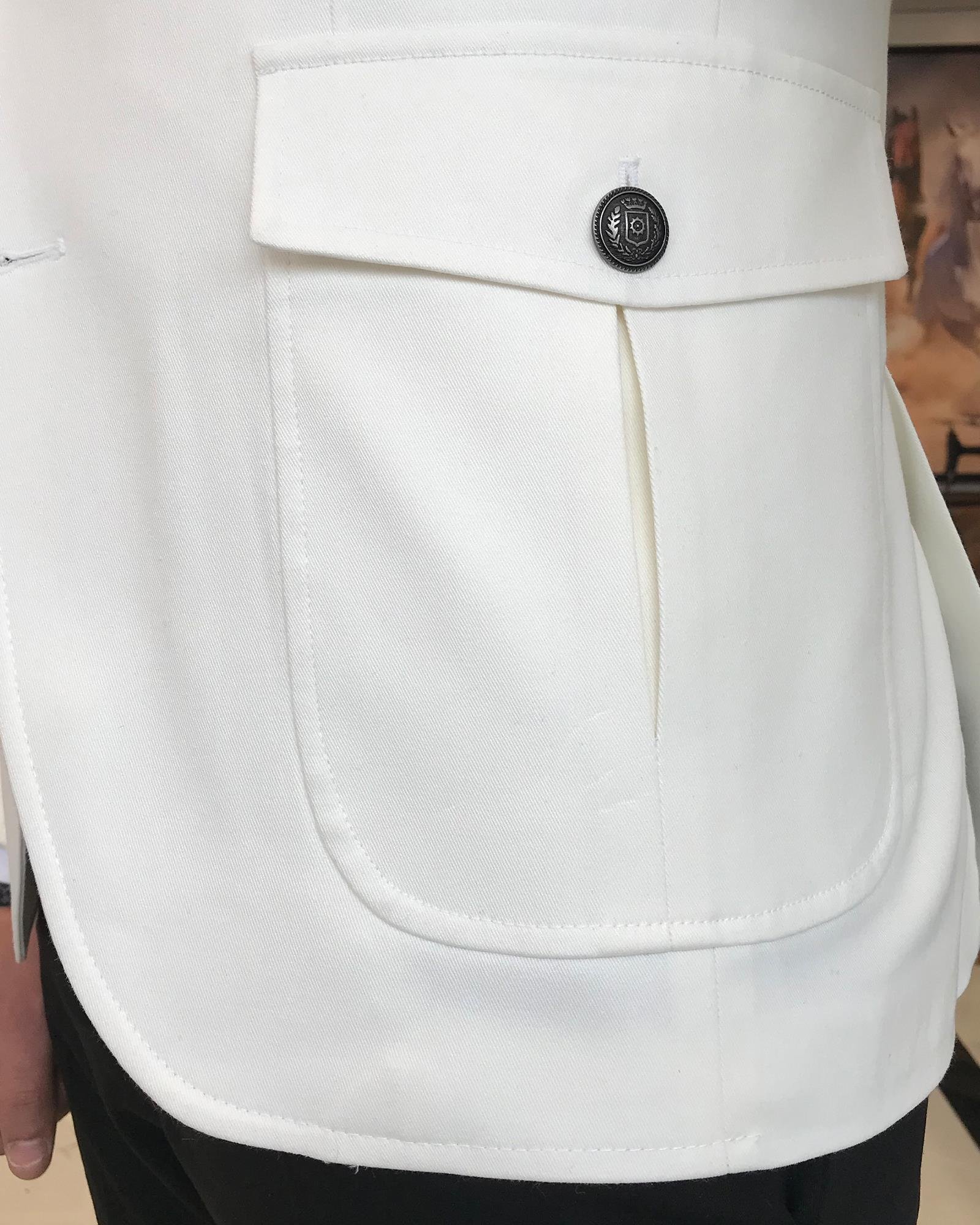 İtalyan stil erkek slim fit mono yaka torba cep pamuk karışımlı ceket ekru T9348