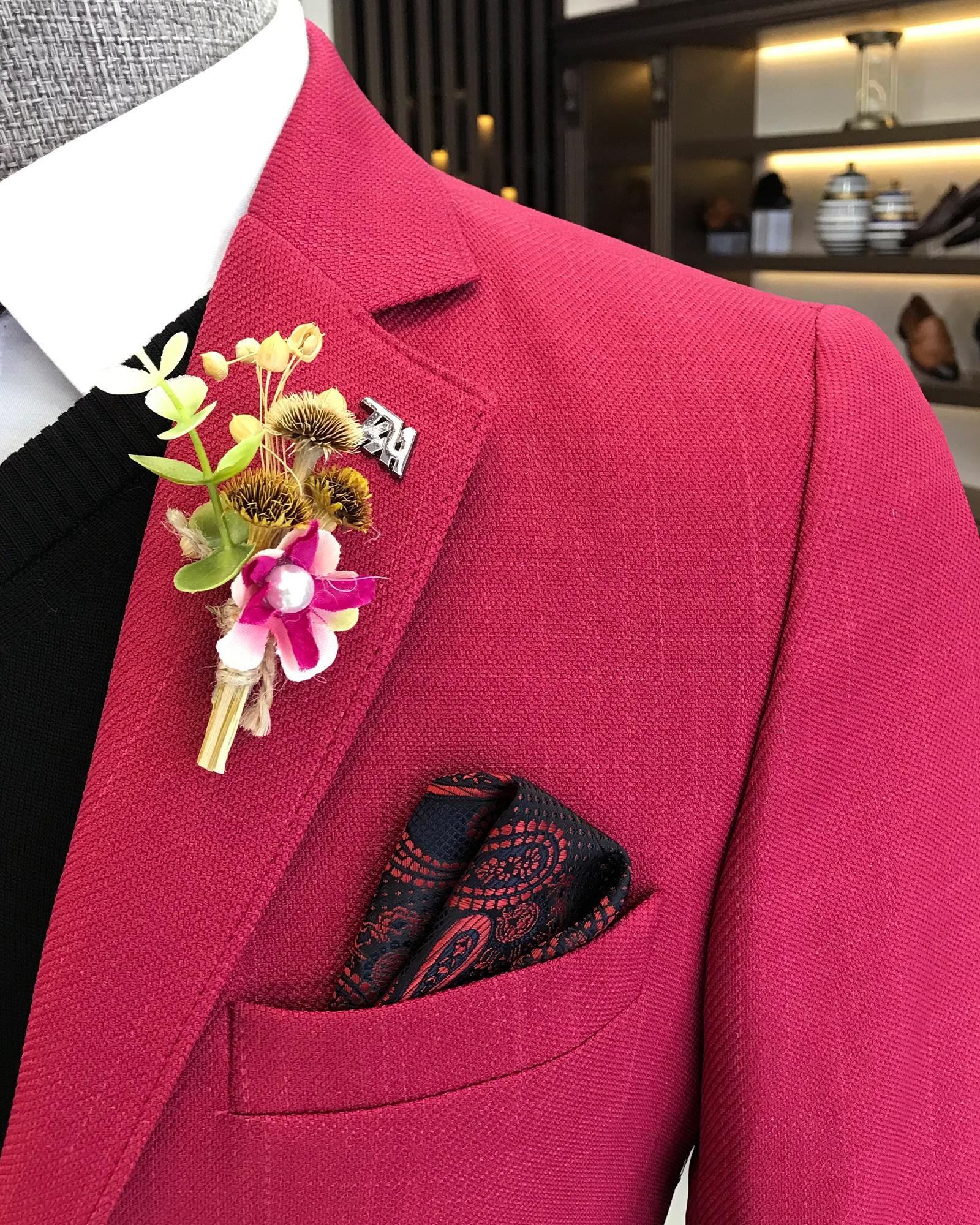 İtalyan stil erkek slim fit mono yaka pamuk karışımlı ceket pembe T9331