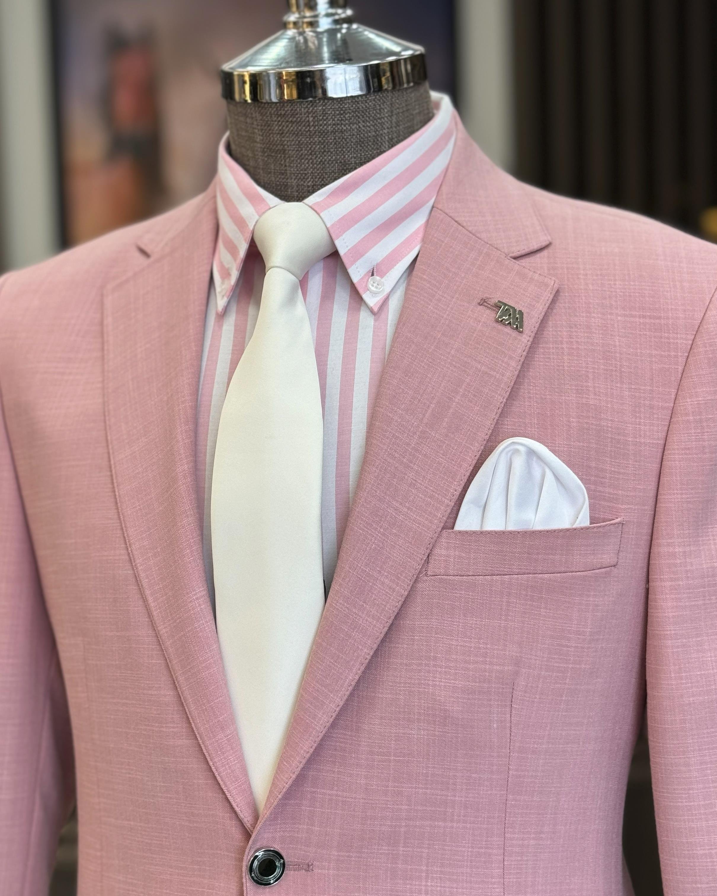 İtalyan stil erkek slim fit mono yaka keten karışımlı ceket pembe T11989