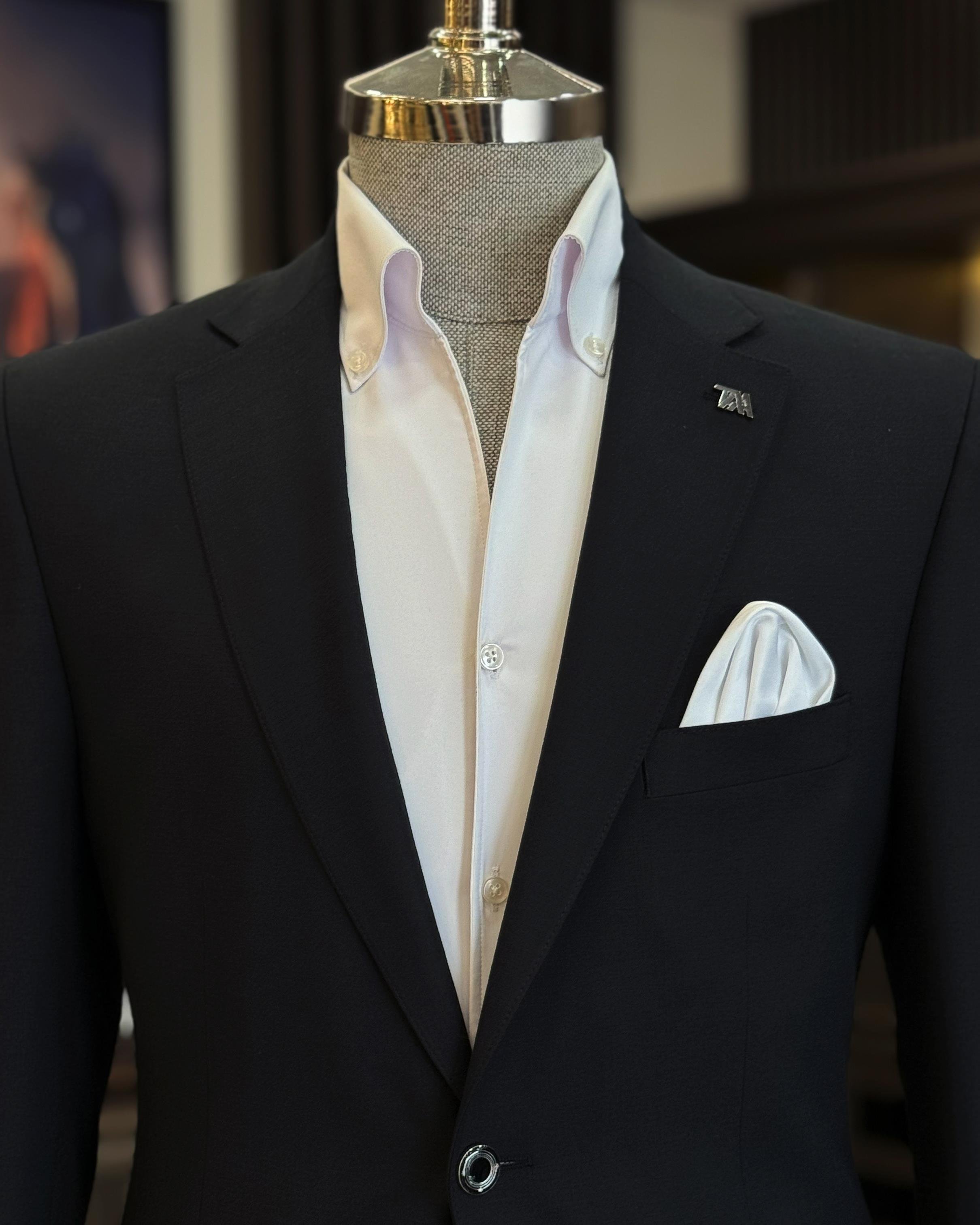 İtalyan stil erkek slim fit mono yaka keten karışımlı ceket siyah T9336