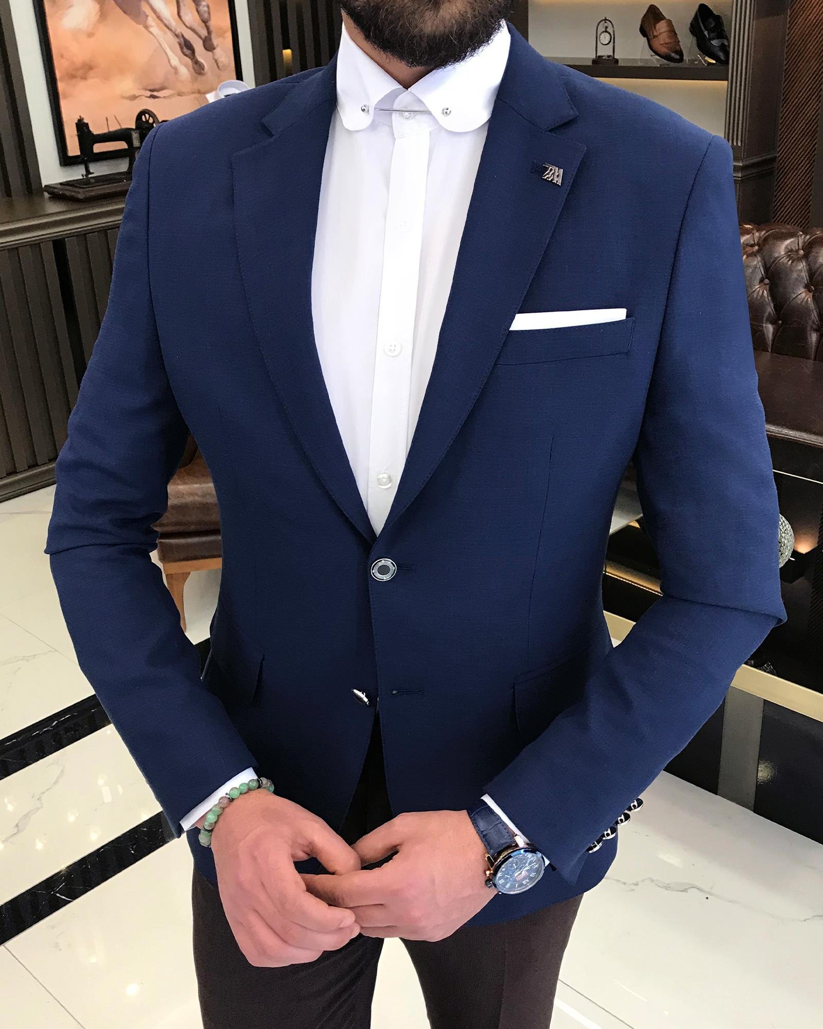 İtalyan stil erkek slim fit mono yaka keten karışımlı ceket lacivert T9338