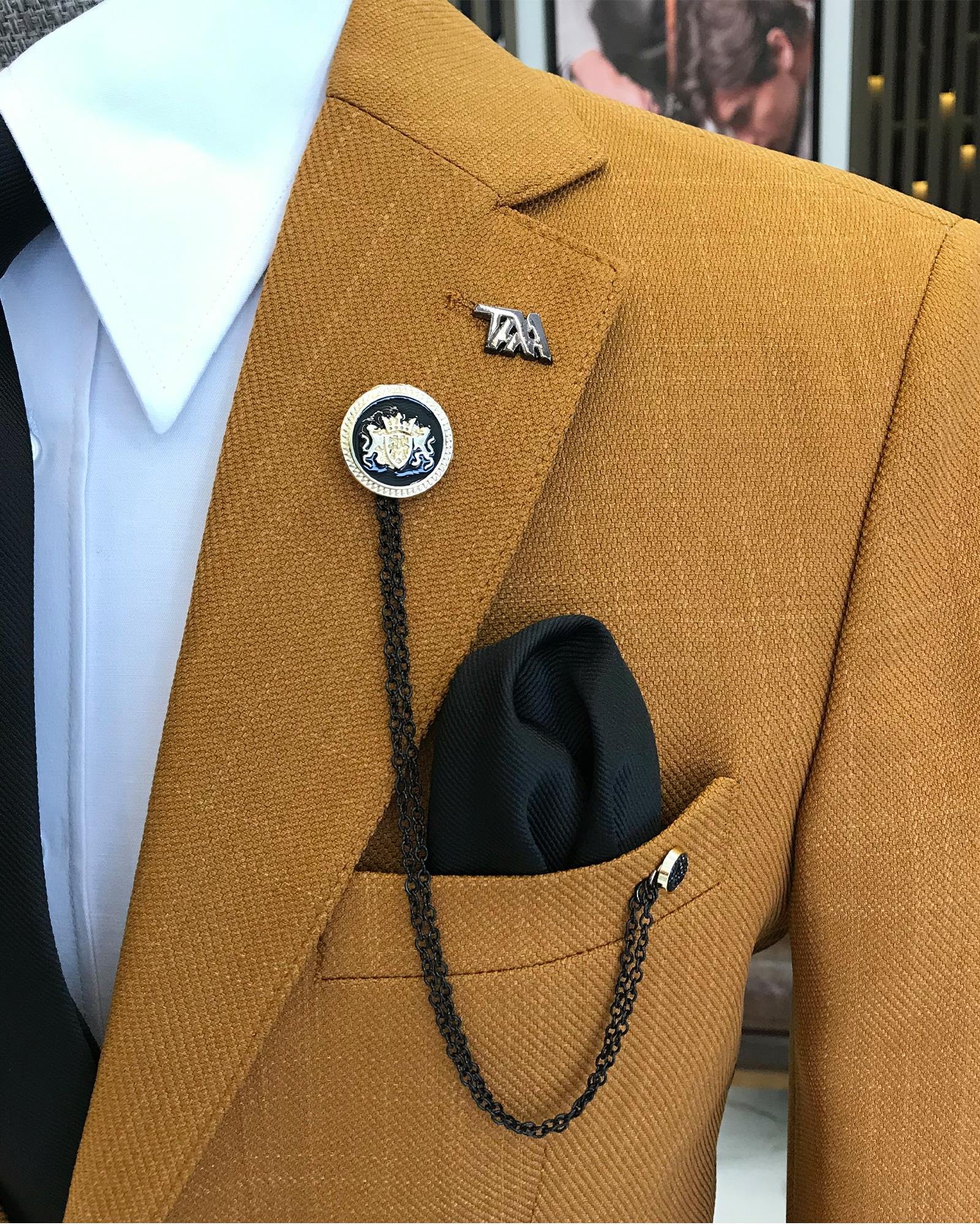 İtalyan stil erkek slim fit mono yaka pamuk karışımlı ceket hardal T9332
