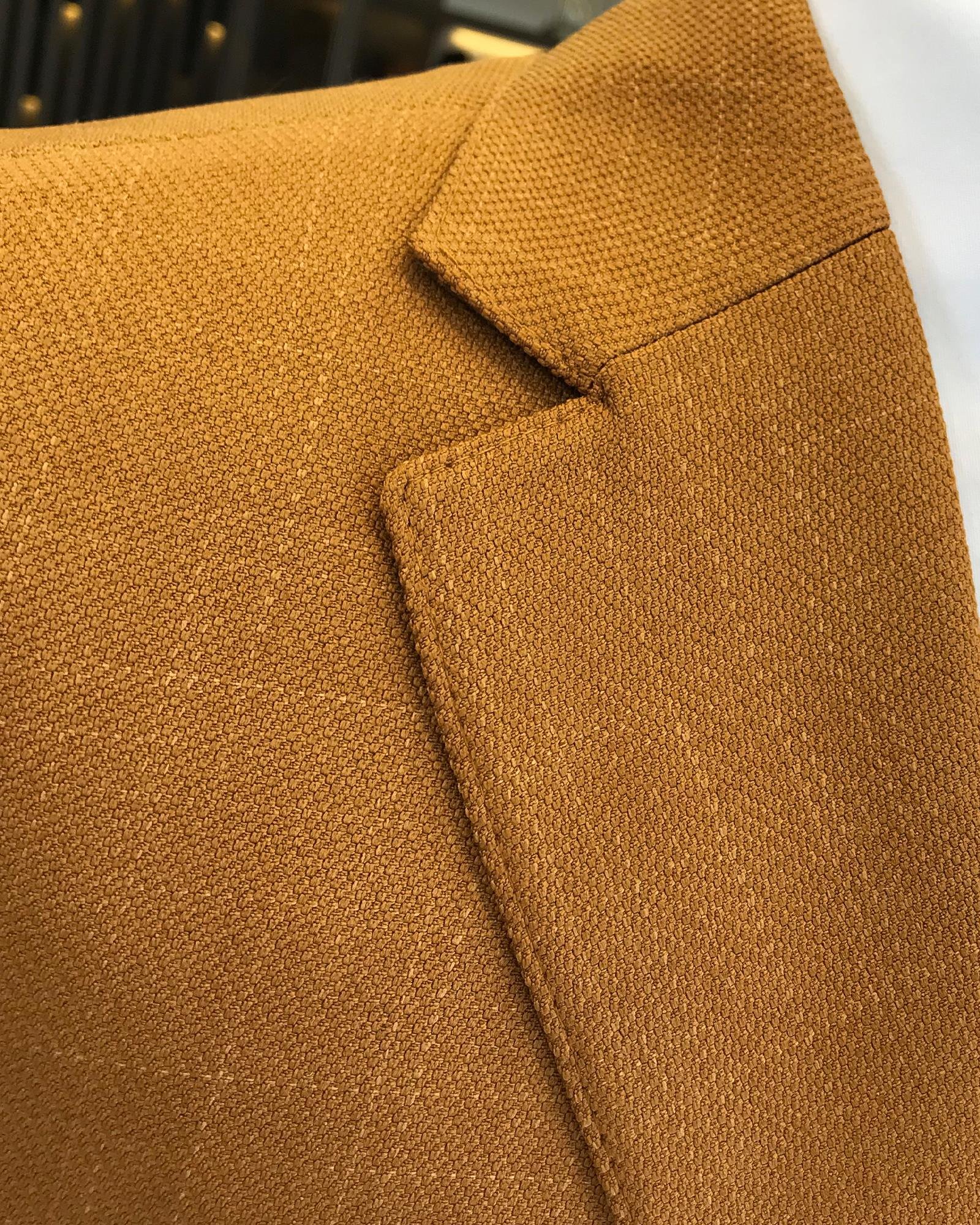 İtalyan stil erkek slim fit mono yaka pamuk karışımlı ceket hardal T9332