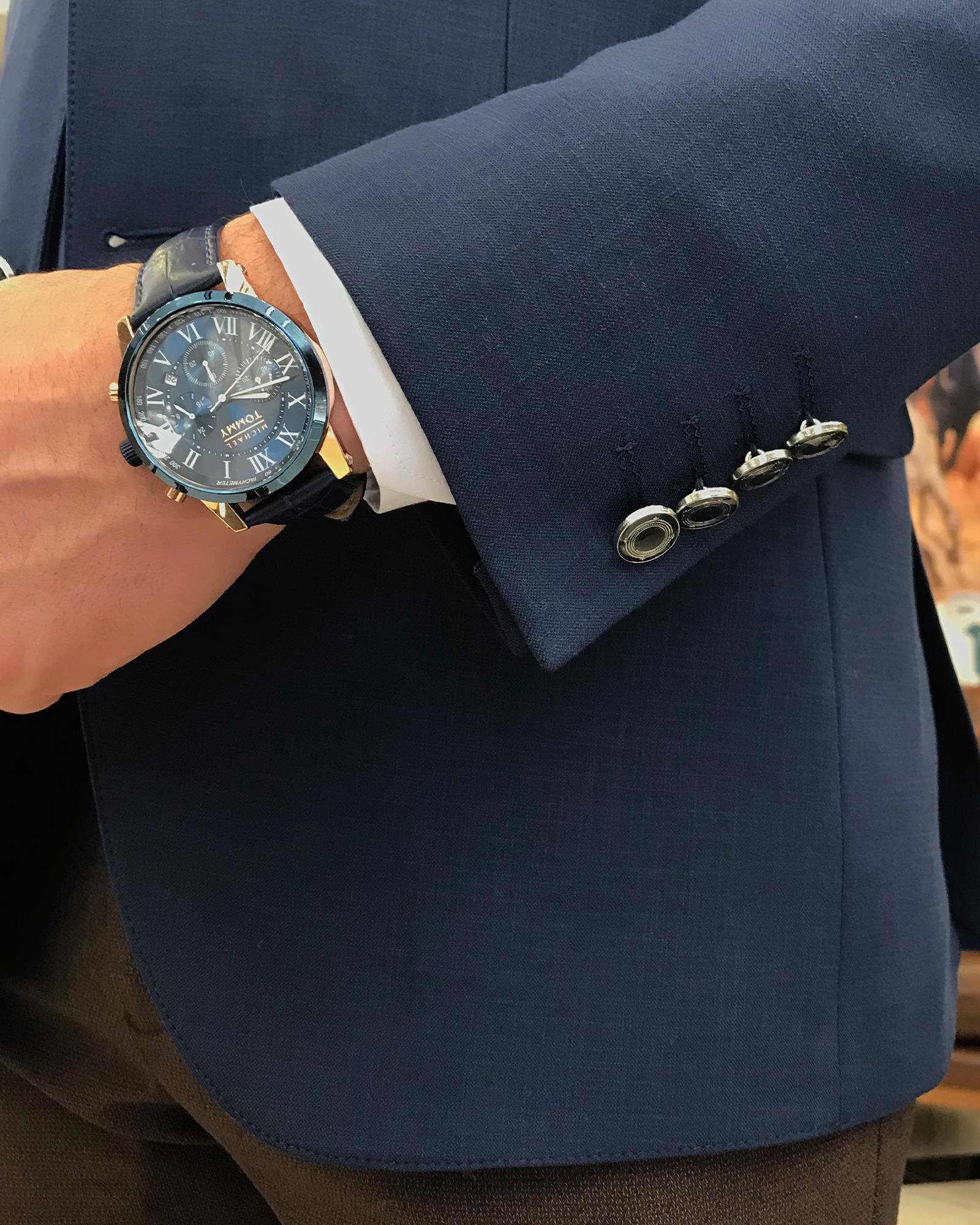 İtalyan stil erkek slim fit mono yaka keten karışımlı ceket lacivert T9338