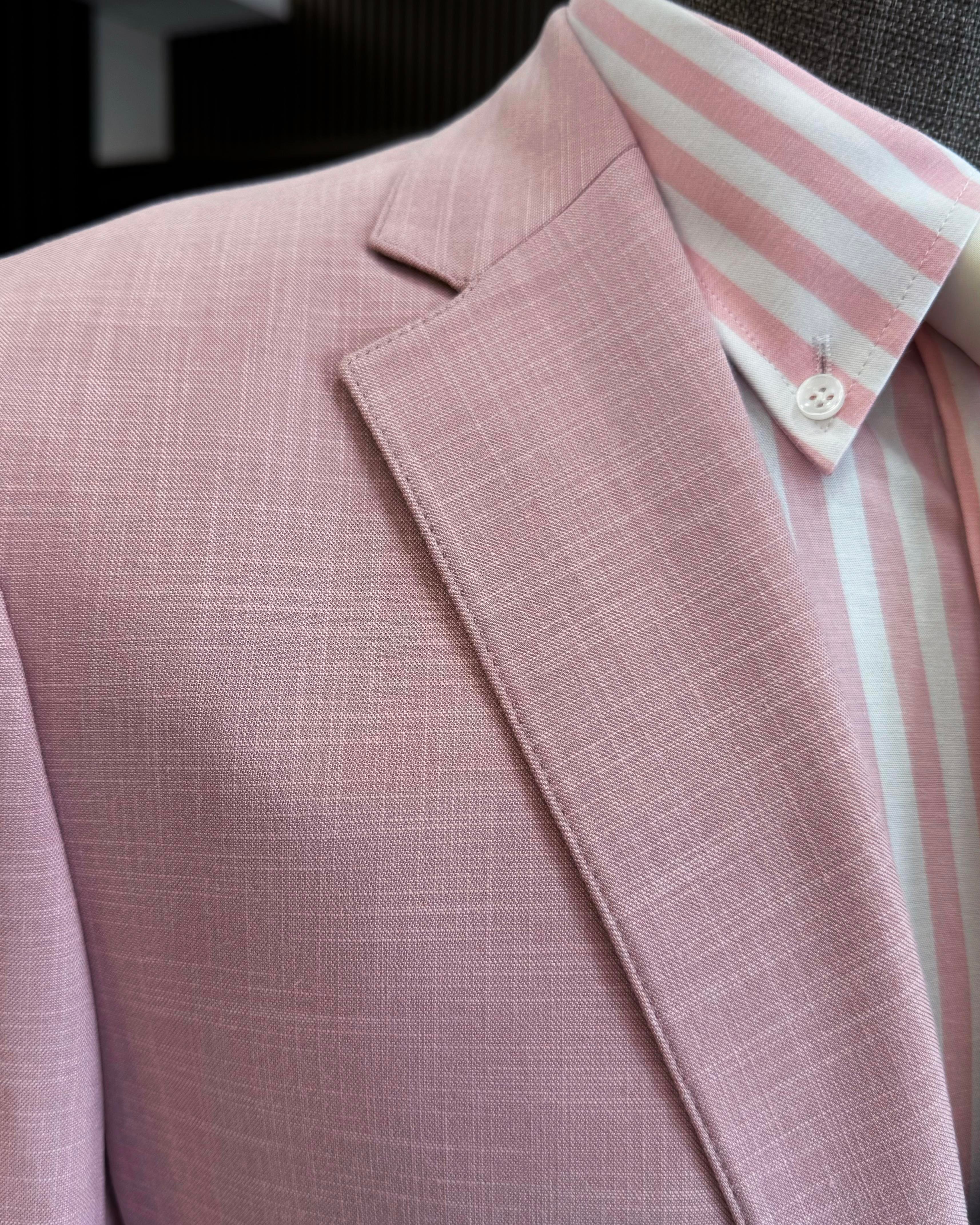 İtalyan stil erkek slim fit mono yaka keten karışımlı ceket pembe T11989