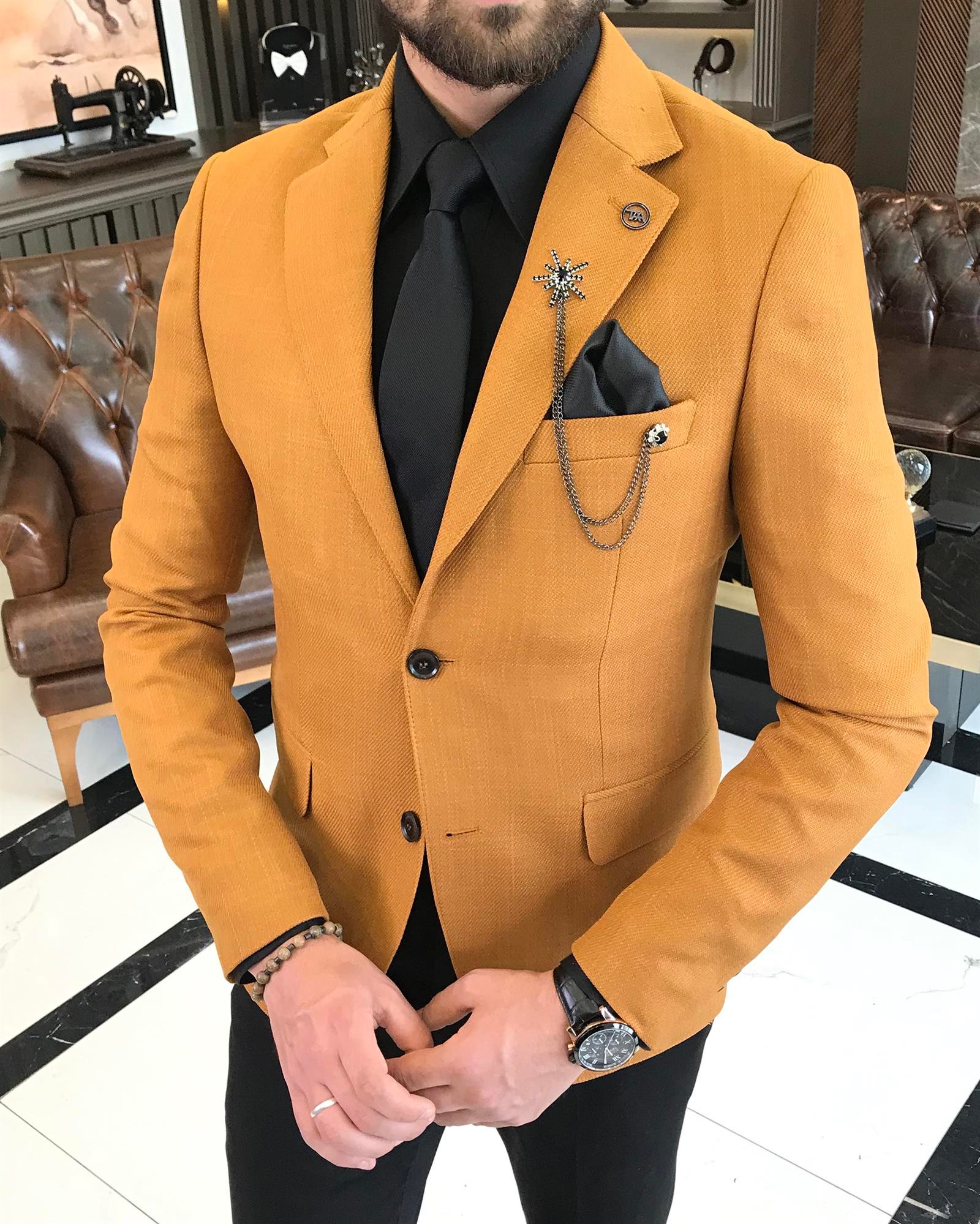 Italian style men's slim fit mono collar cotton blended jacket mustard T9332