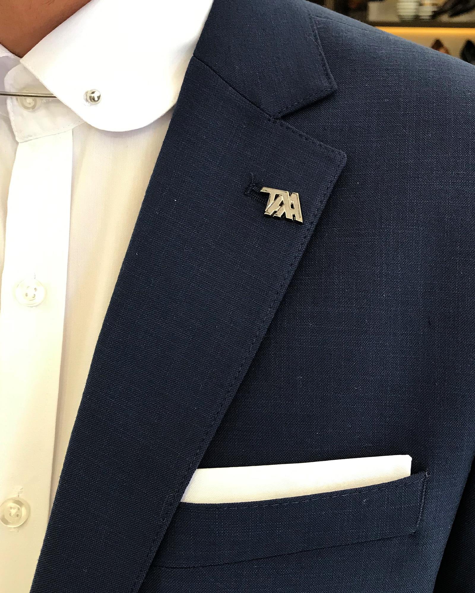 İtalyan stil erkek slim fit mono yaka keten karışımlı ceket lacivert T9338