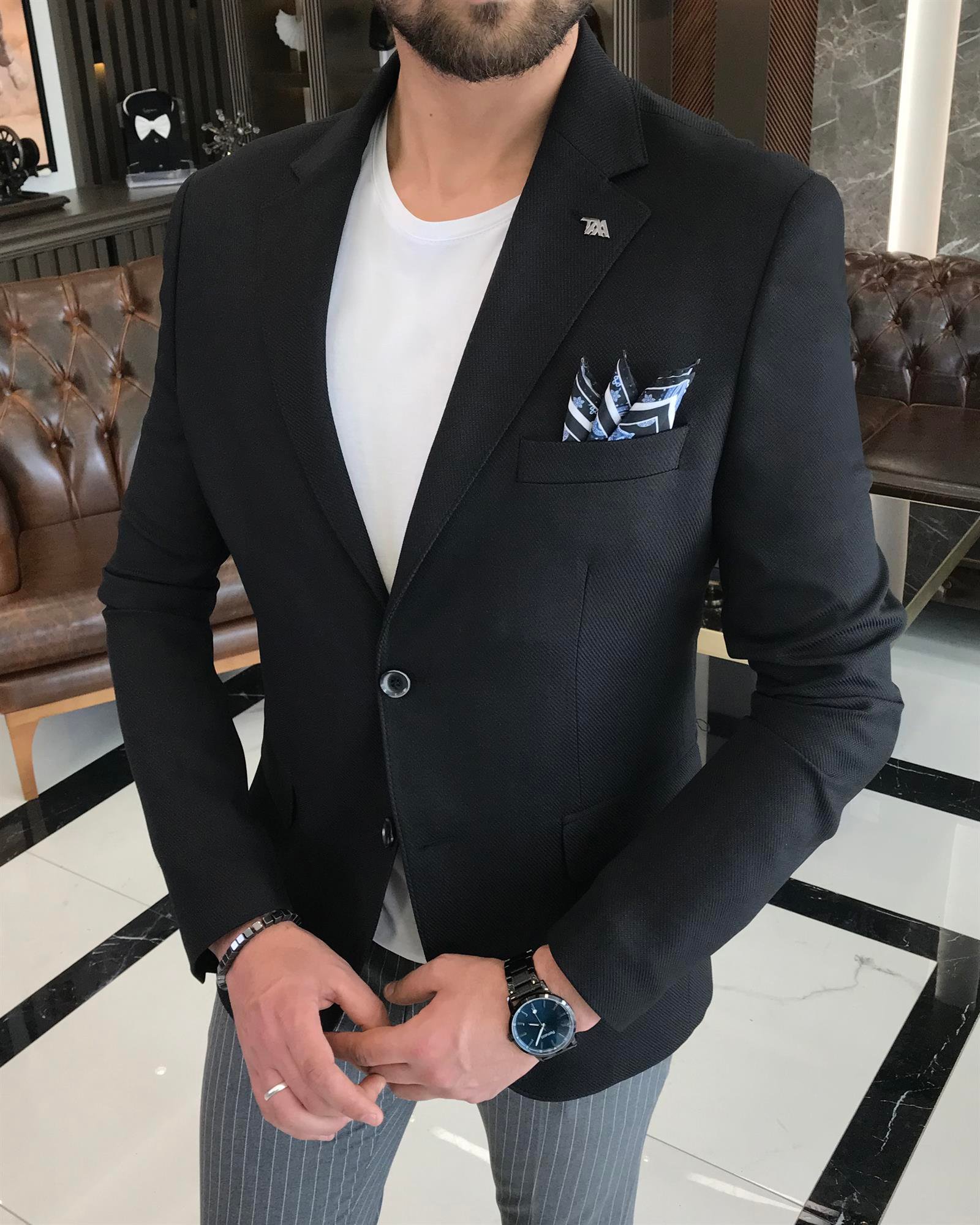Italian Style Men's Slim Fit Blazer Cotton Jacket Black T7380