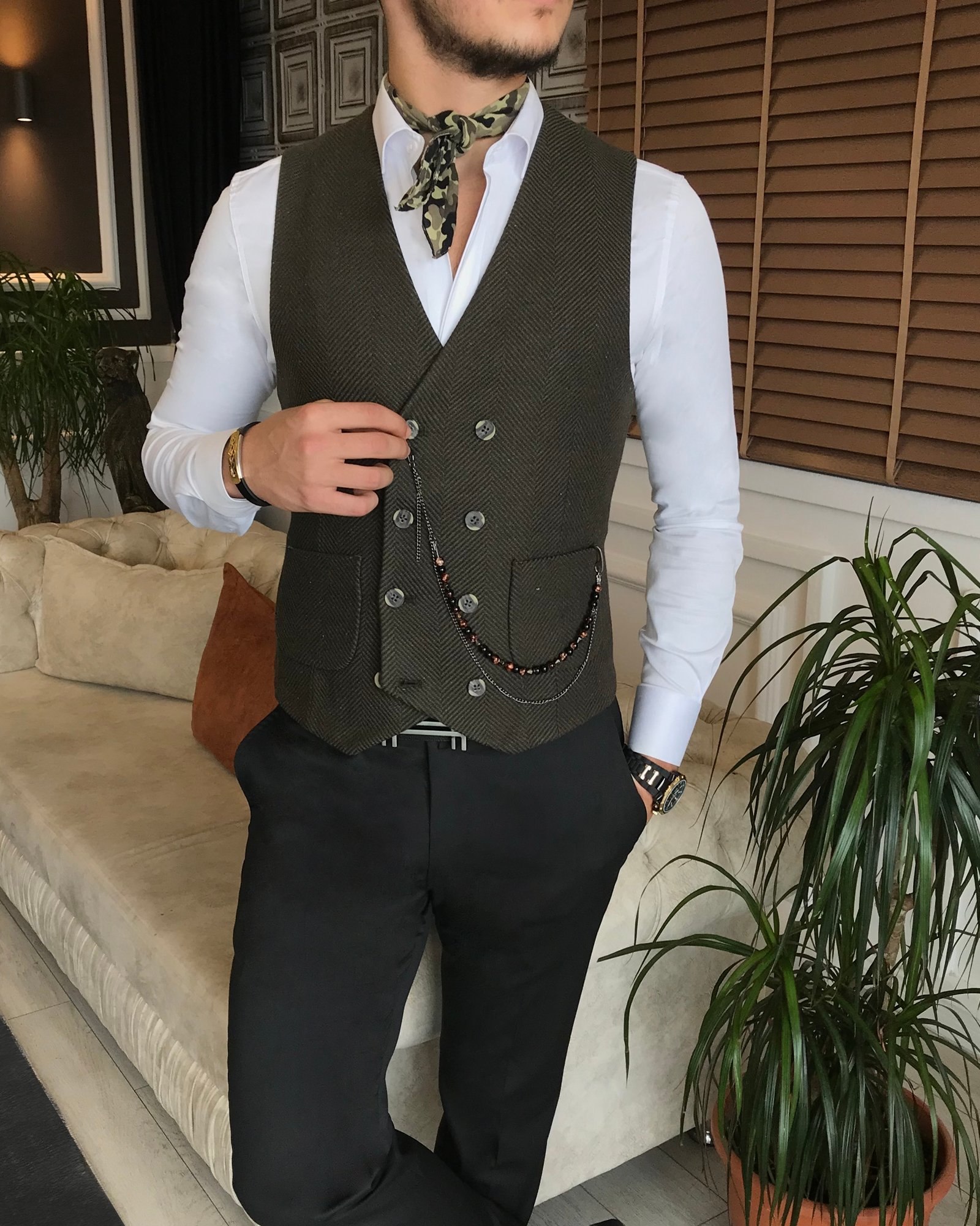 İtalyan stil erkek slim fit yeşil cepken yelek T6399