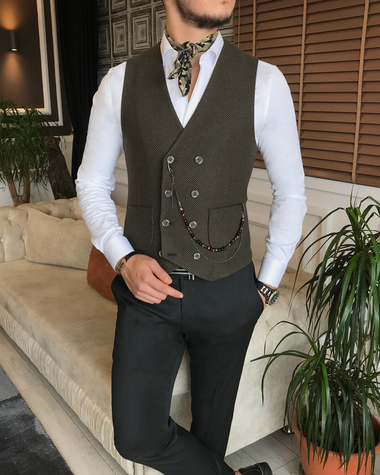 İtalyan stil erkek slim fit yeşil cepken yelek T6399