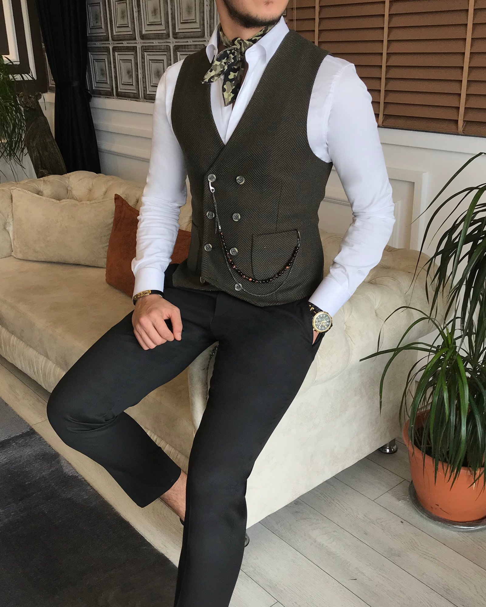 İtalyan stil erkek slim fit yeşil cepken yelek T6399