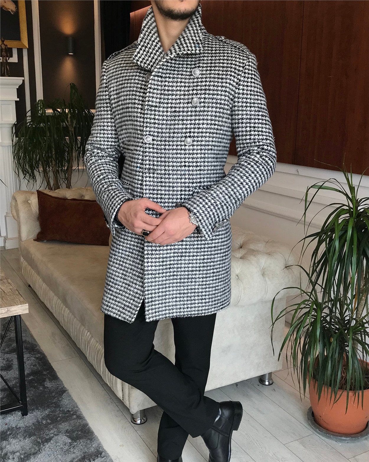 İtalyan stil hakim kruvaze kaşe kaban palto Çok Renkli T6500