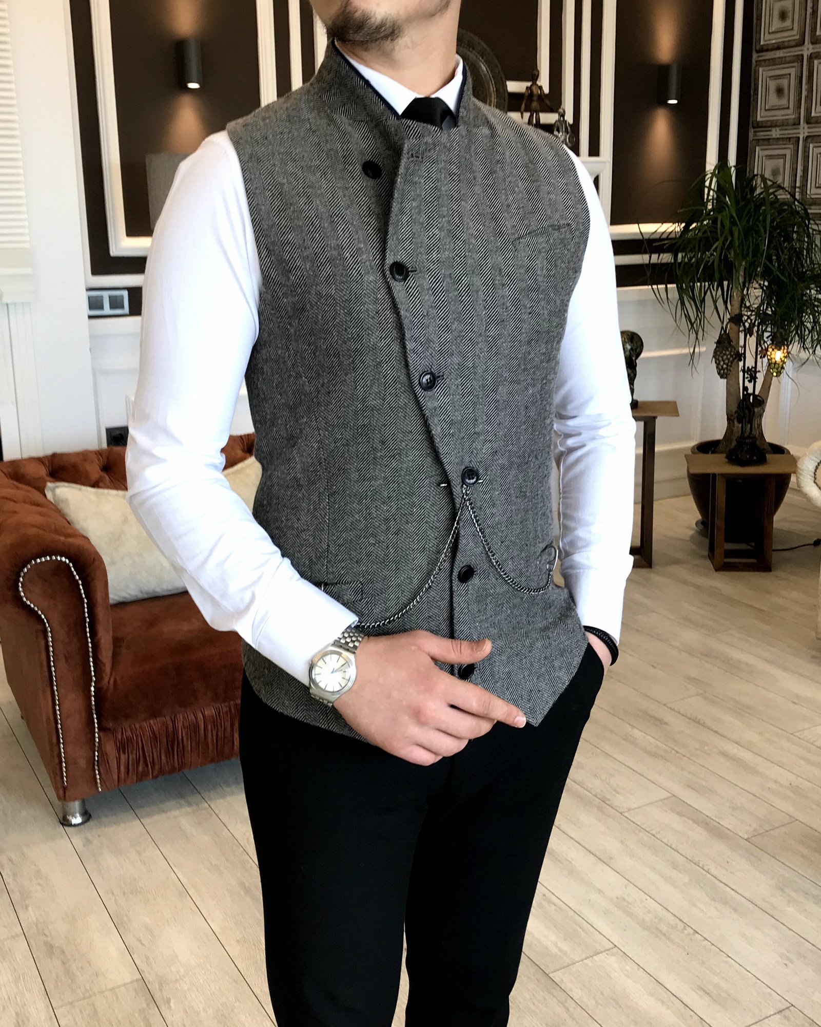 İtalyan stil hakim yaka erkek kışlık cepken yelek Gri T4284