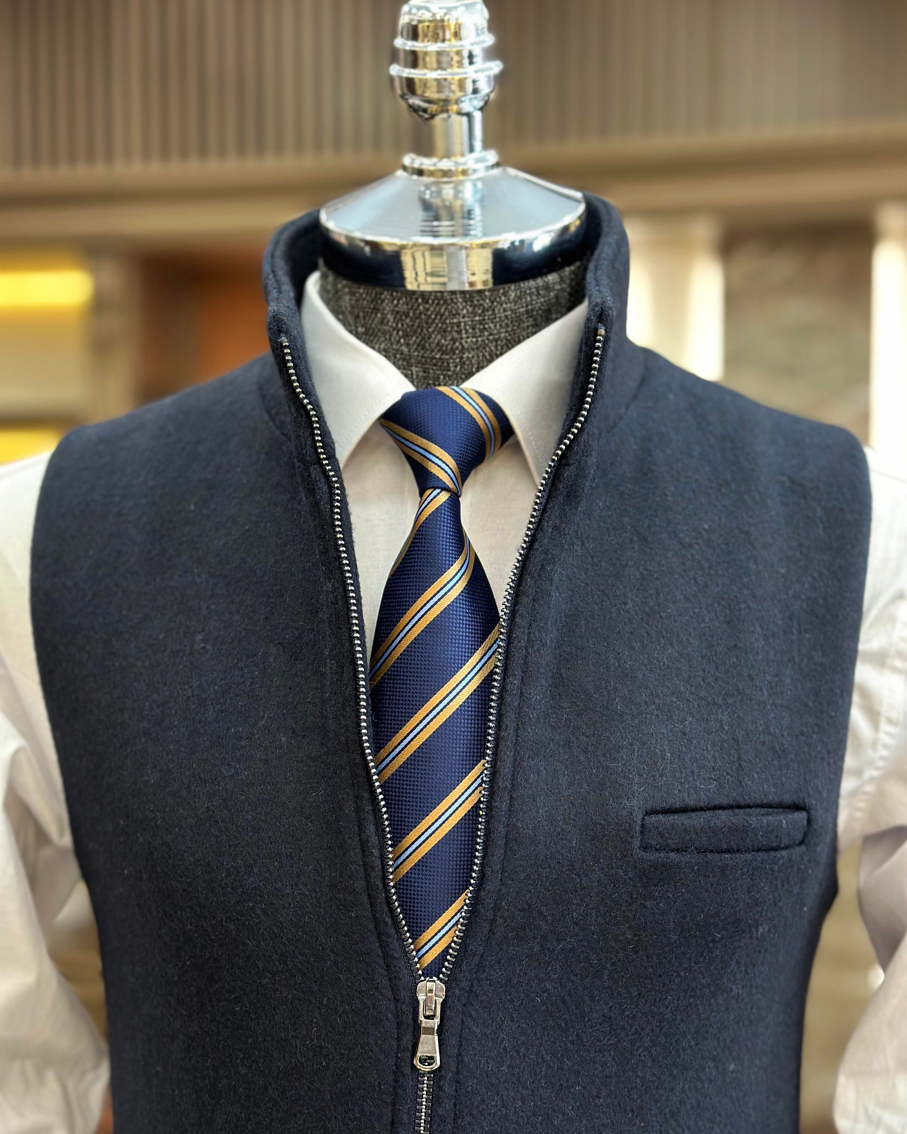 Italian style crew neck zipper pocket vest navy blue T10466