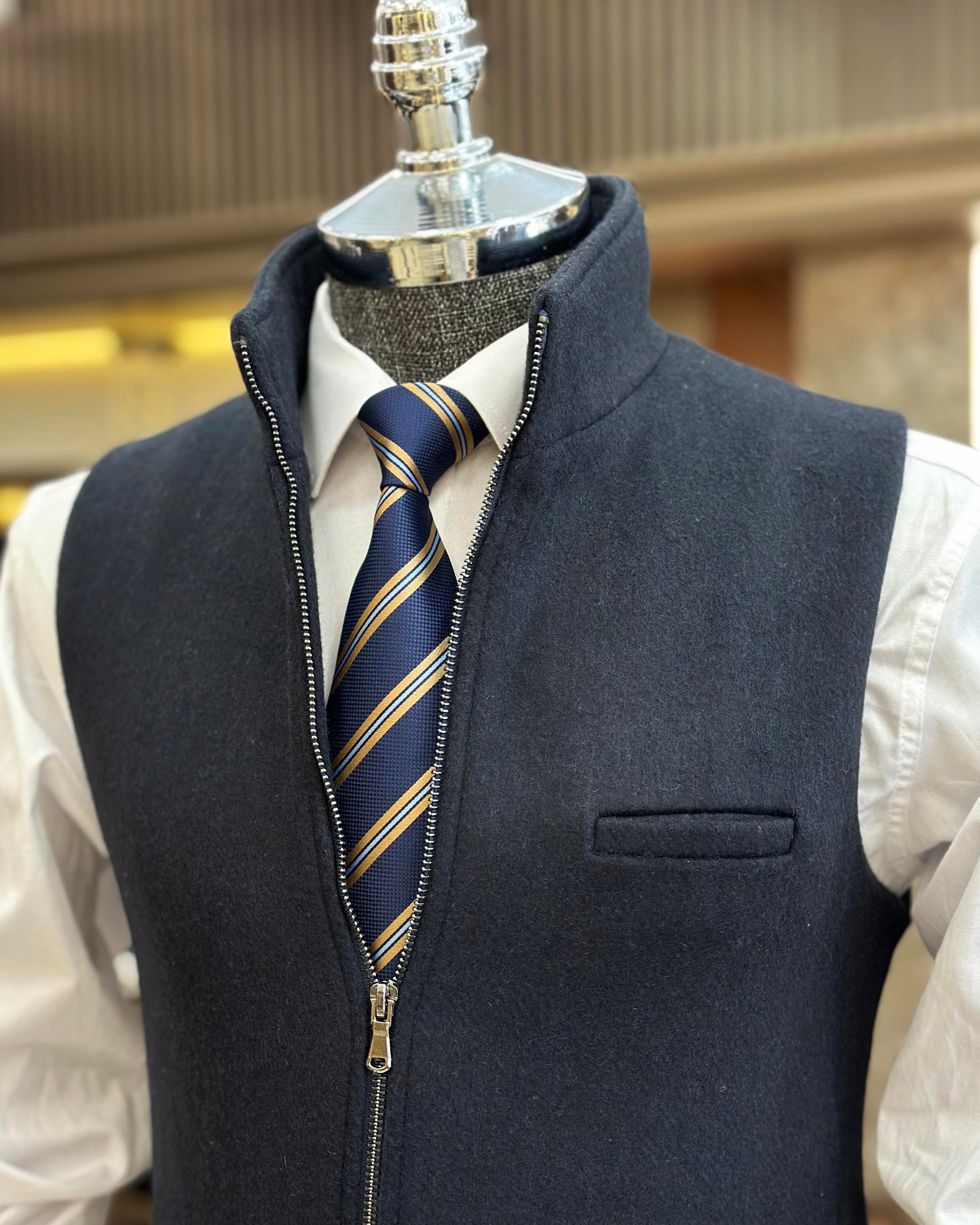 Italian style crew neck zipper pocket vest navy blue T10466