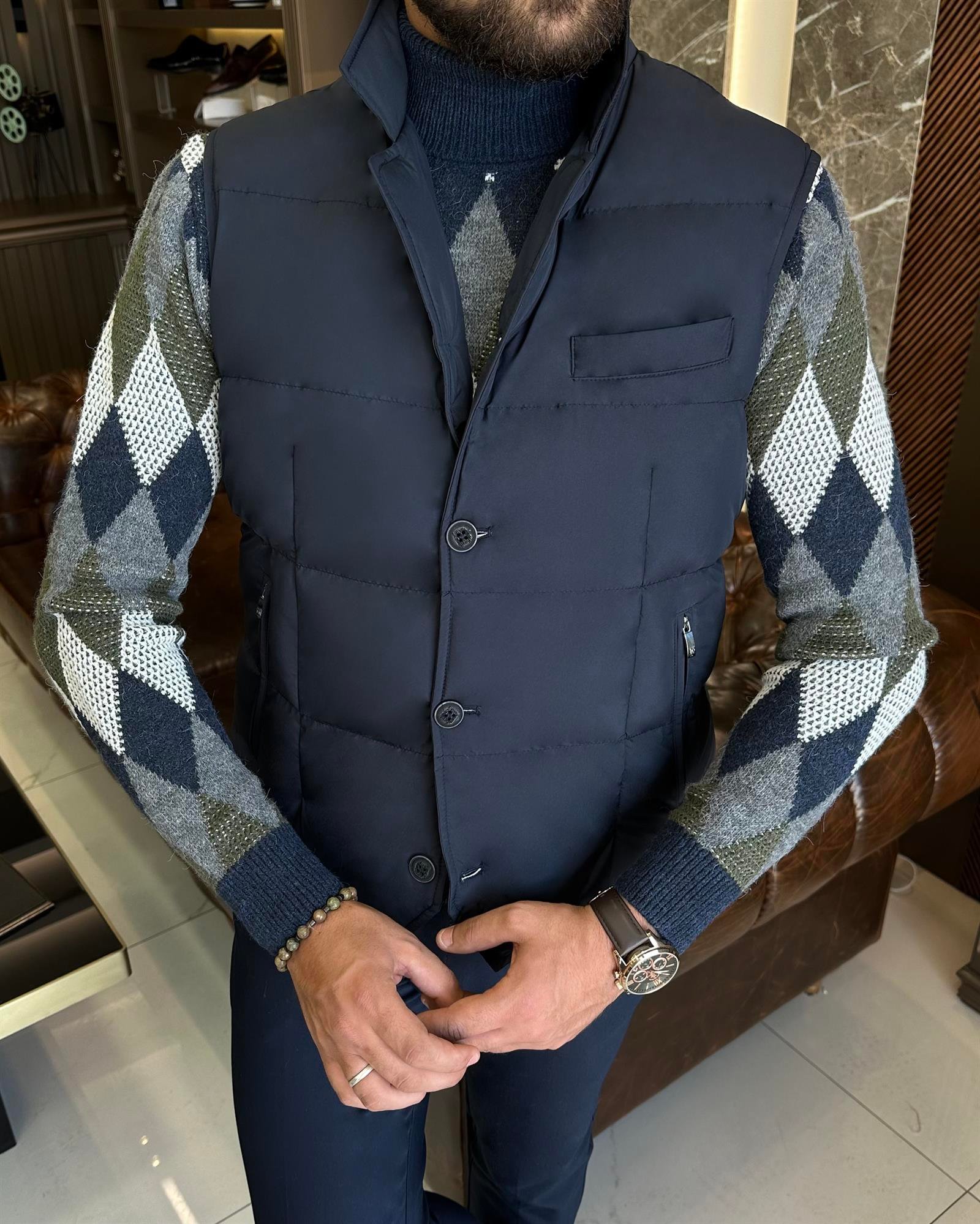 İtalyan stil hakim yaka şişme yelek lacivert T10522