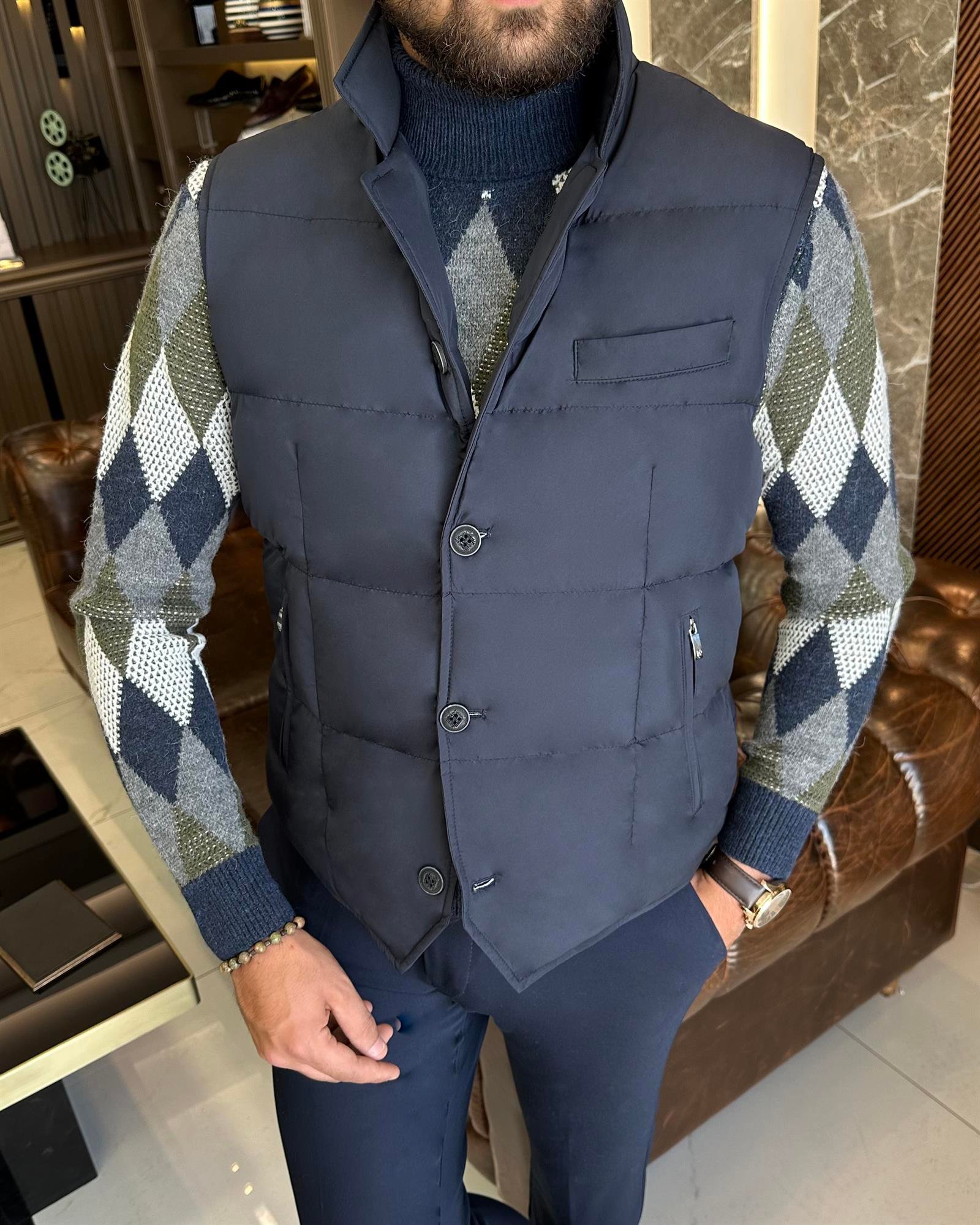 İtalyan stil hakim yaka şişme yelek lacivert T10522