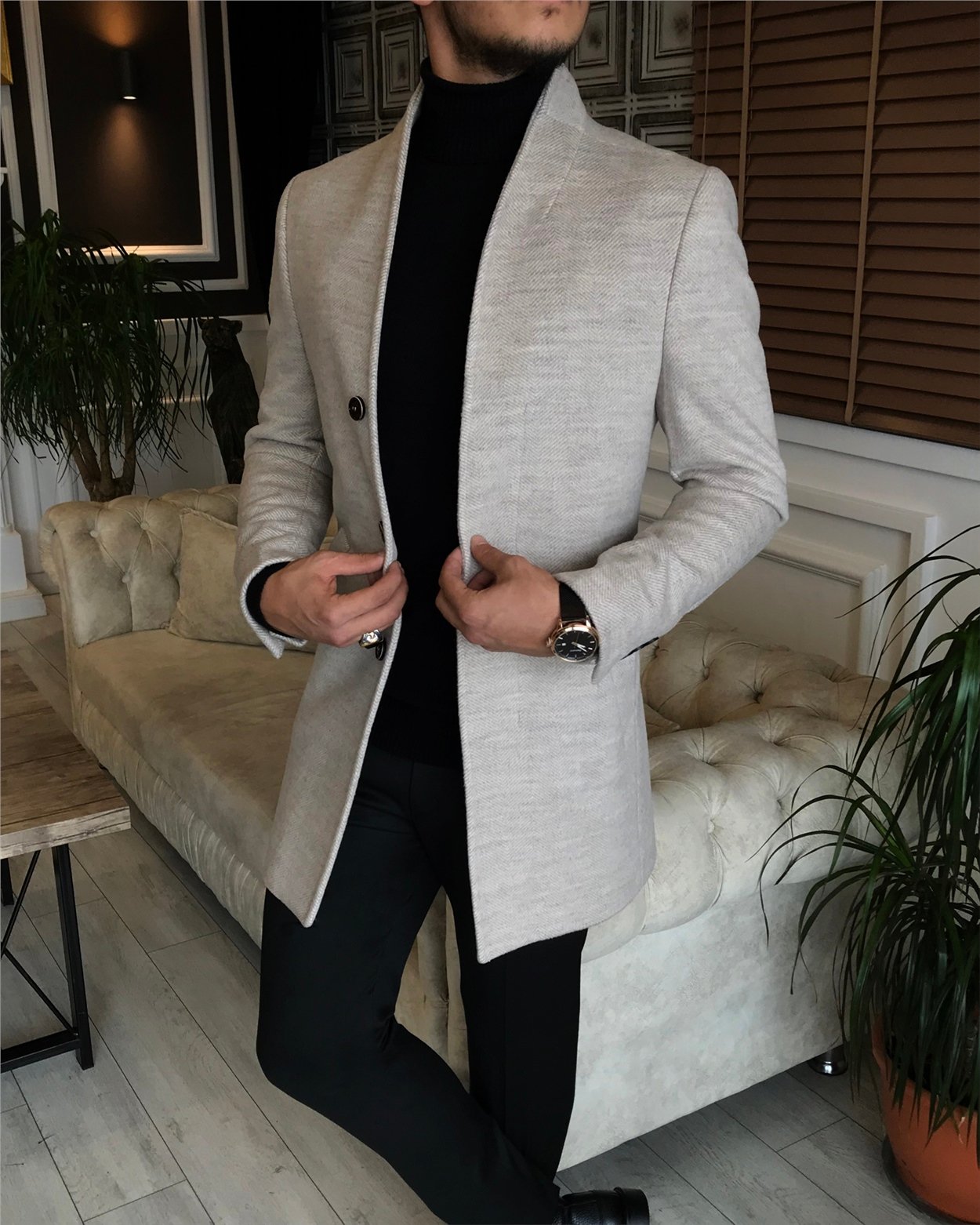 İtalyan stil hakim yaka yün kaşe kaban bej T6308