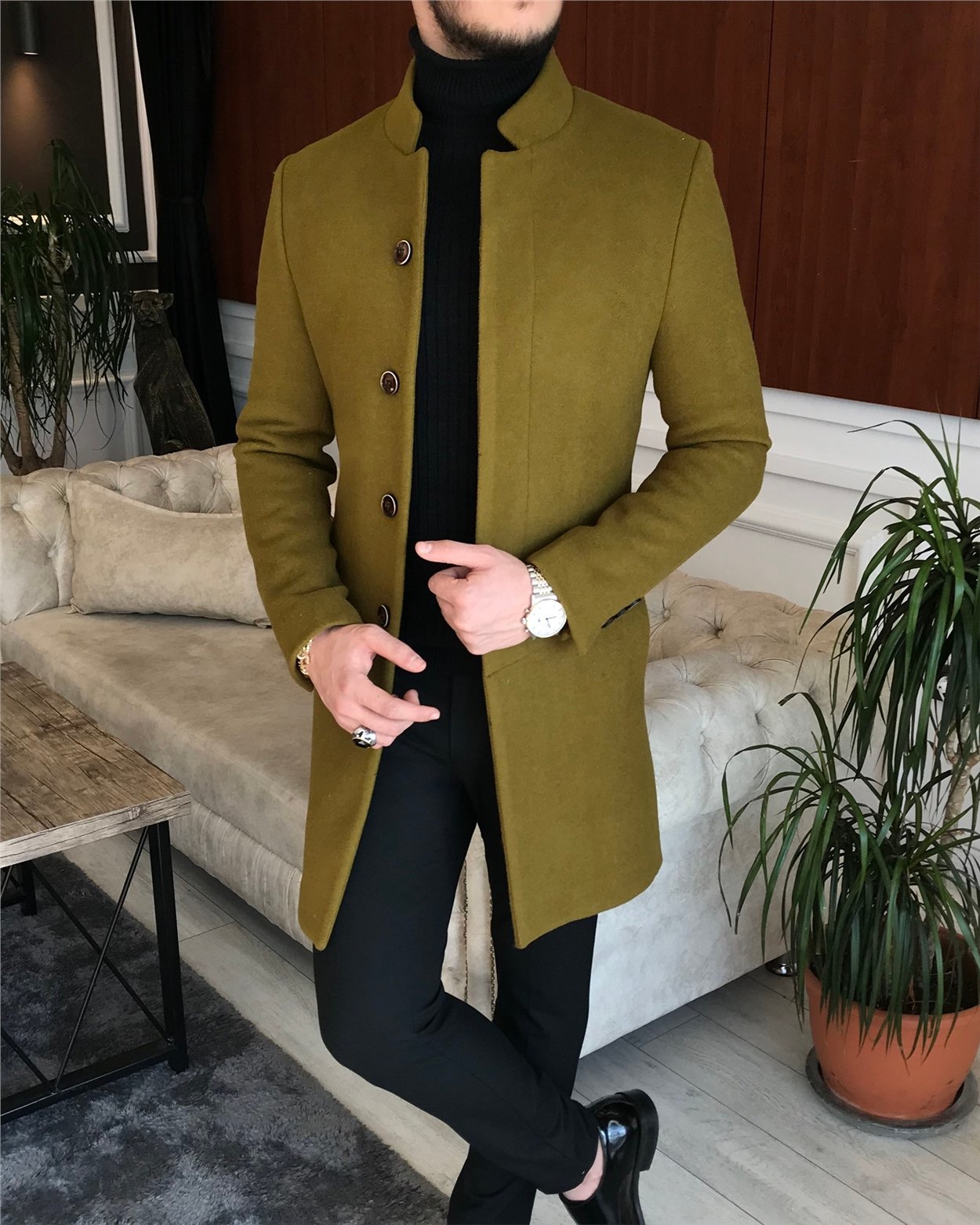 İtalyan stil hakim yaka yün kaşe kaban yeşil T6596