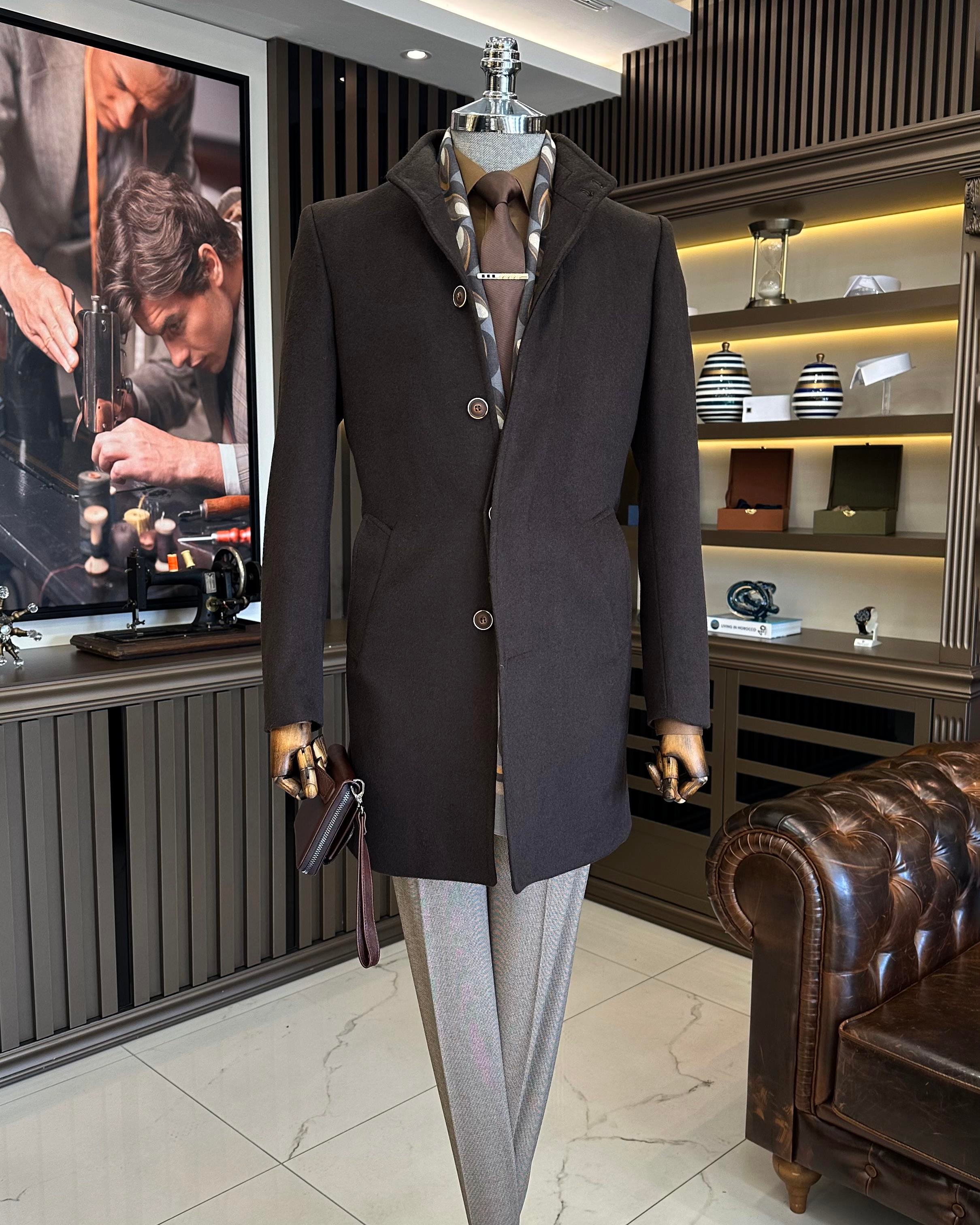 İtalyan stil hakim yaka yün kaşe kaban kahverengi T10812