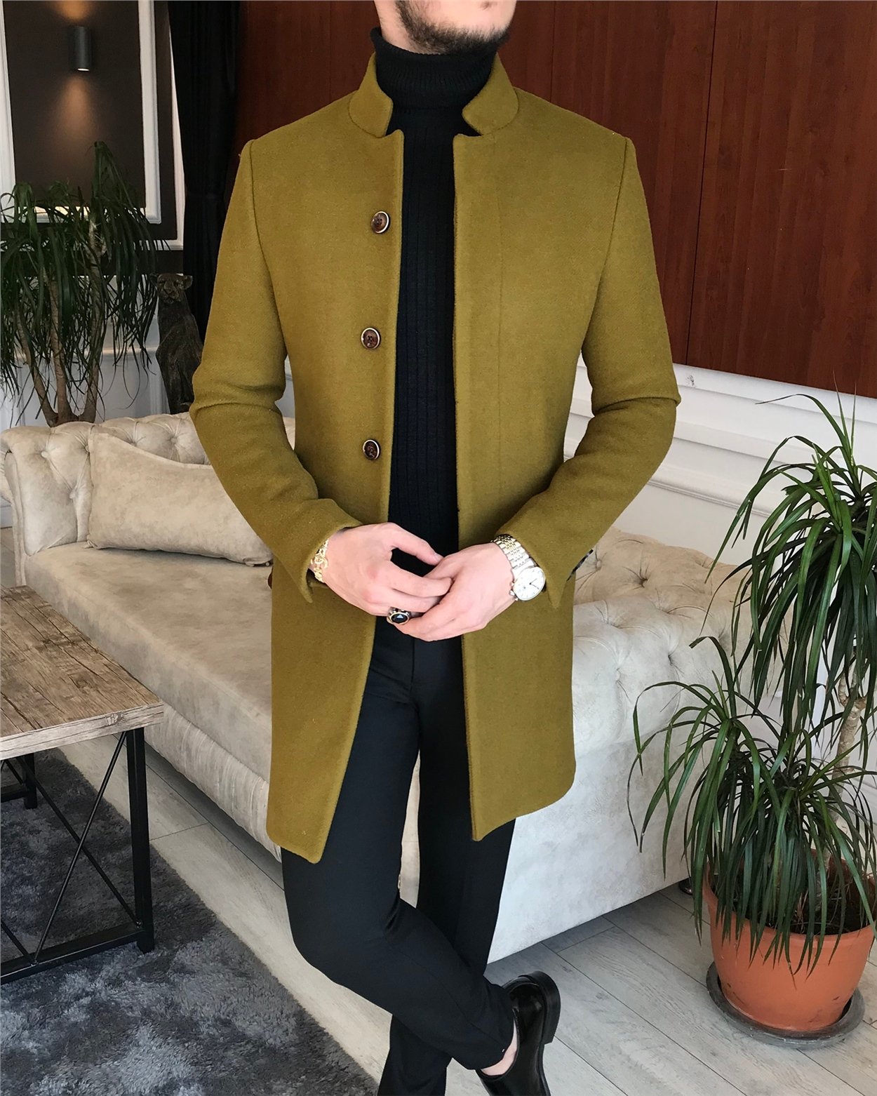 İtalyan stil hakim yaka yün kaşe kaban yeşil T6596