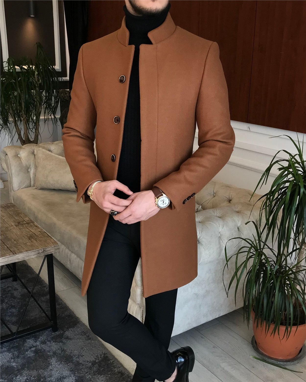 İtalyan stil hakim yaka yün kaşe kaban kahverengi T6599