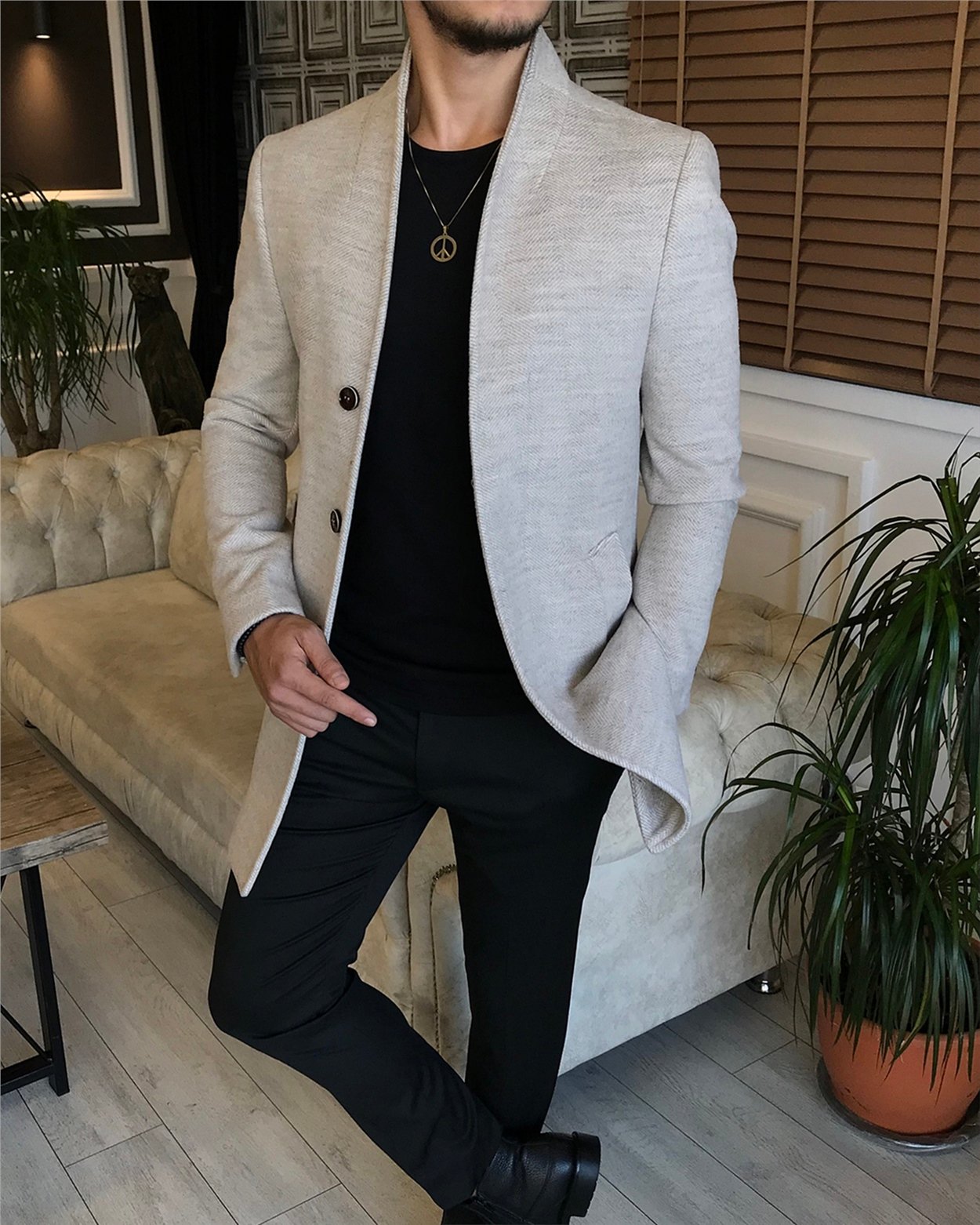İtalyan stil hakim yaka yün kaşe kaban bej T6308