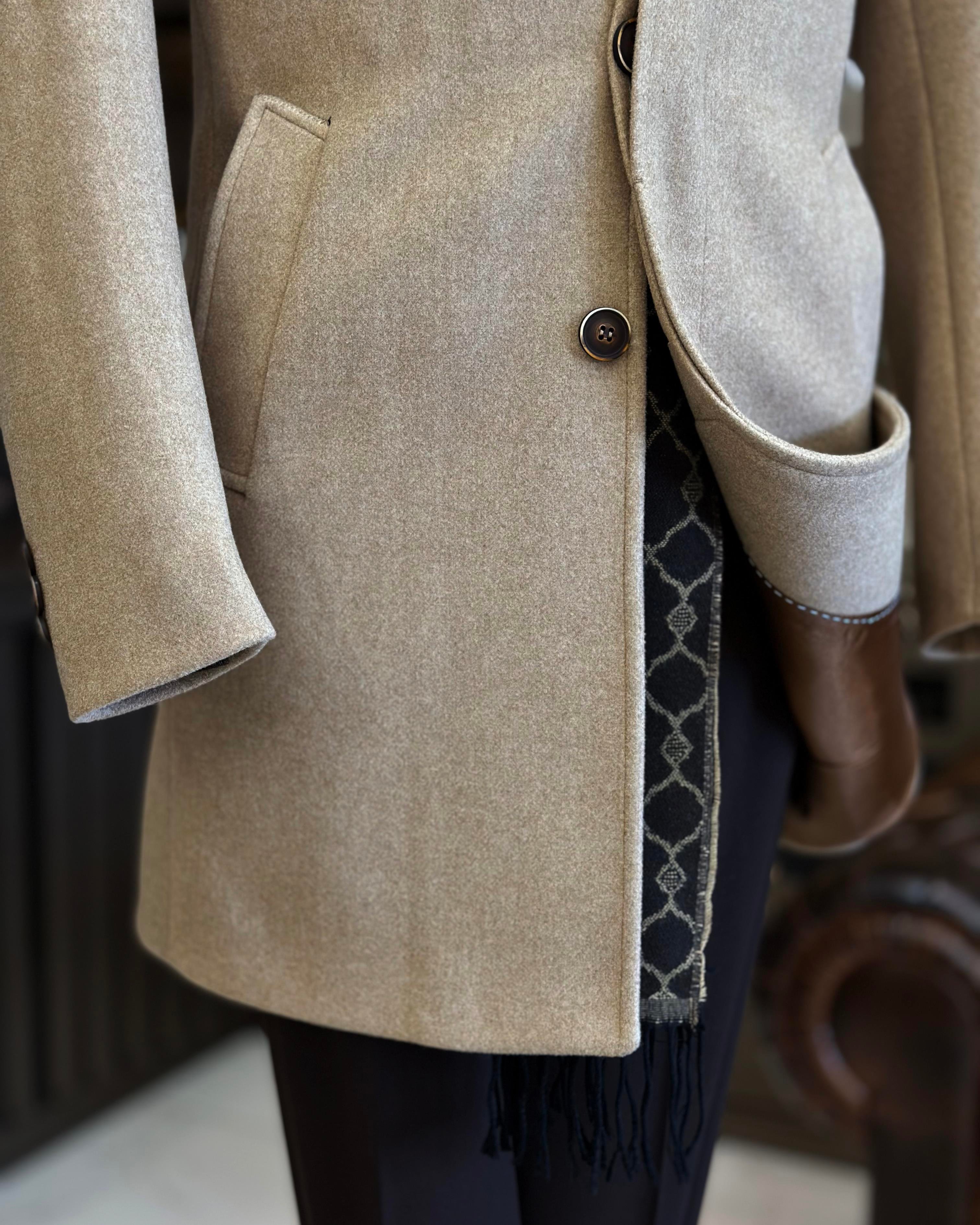 Italian style crew neck wool stamp coat beige T10807