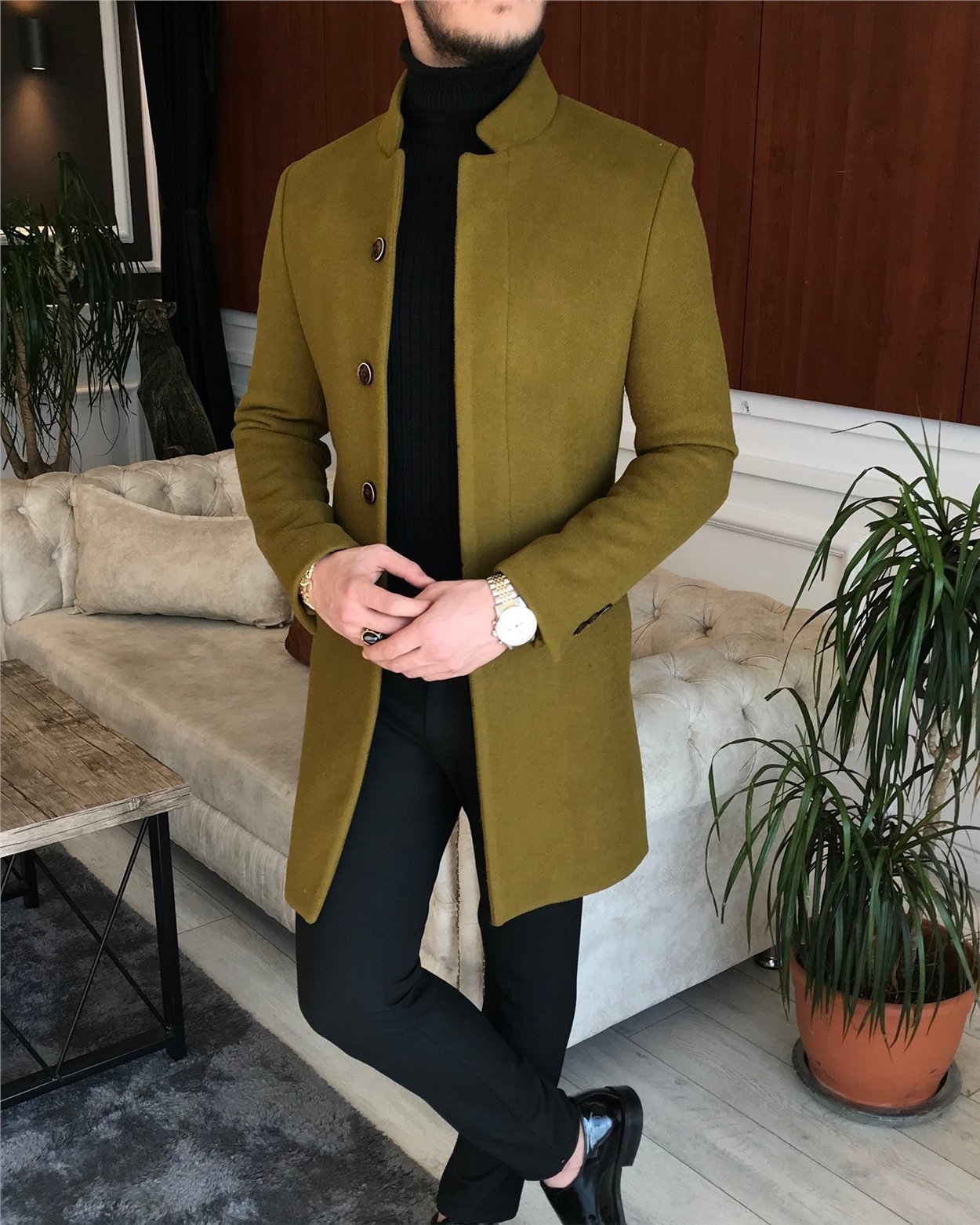 İtalyan stil hakim yaka yün kaşe kaban yeşil T6596