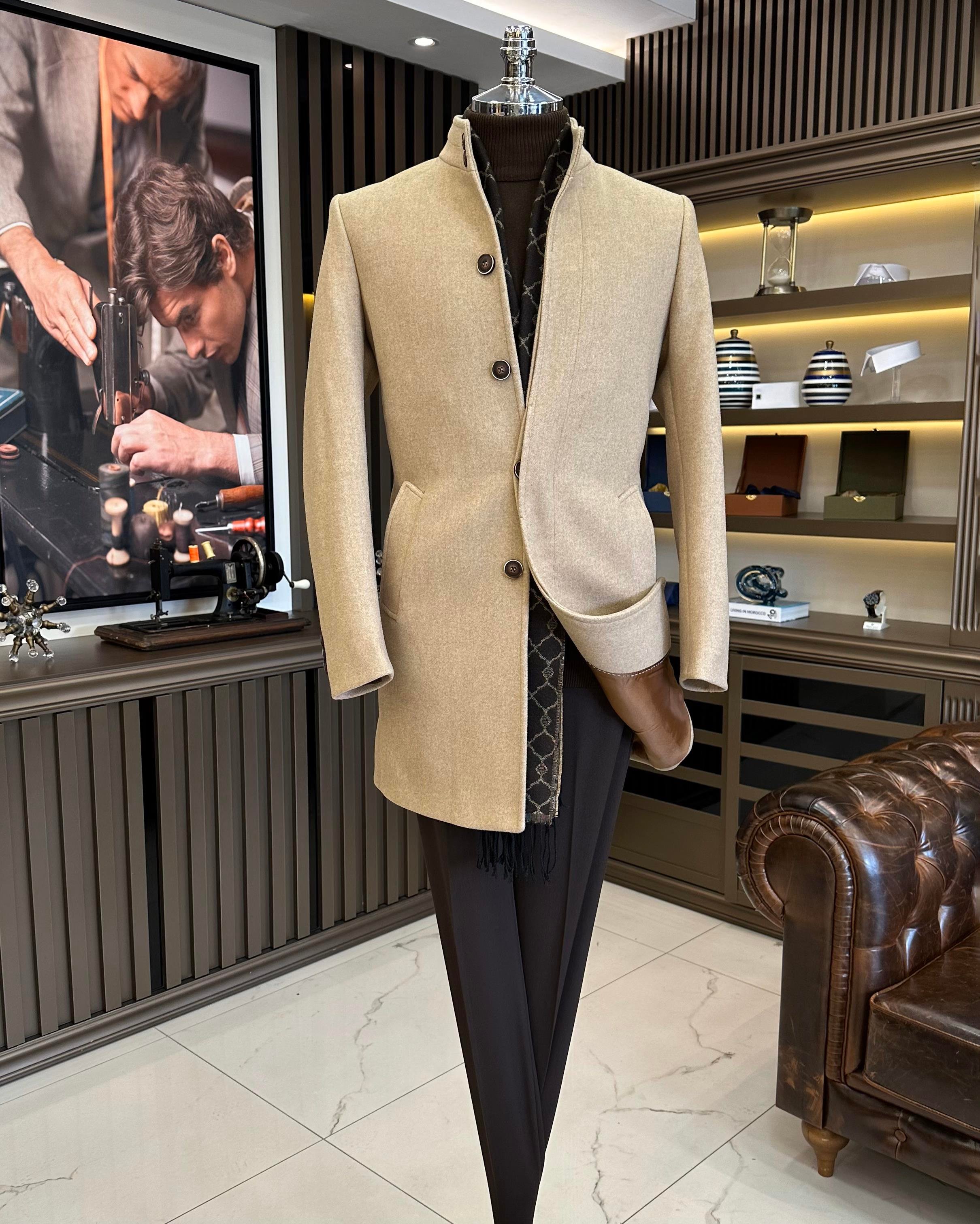 Italian style crew neck wool stamp coat beige T10807