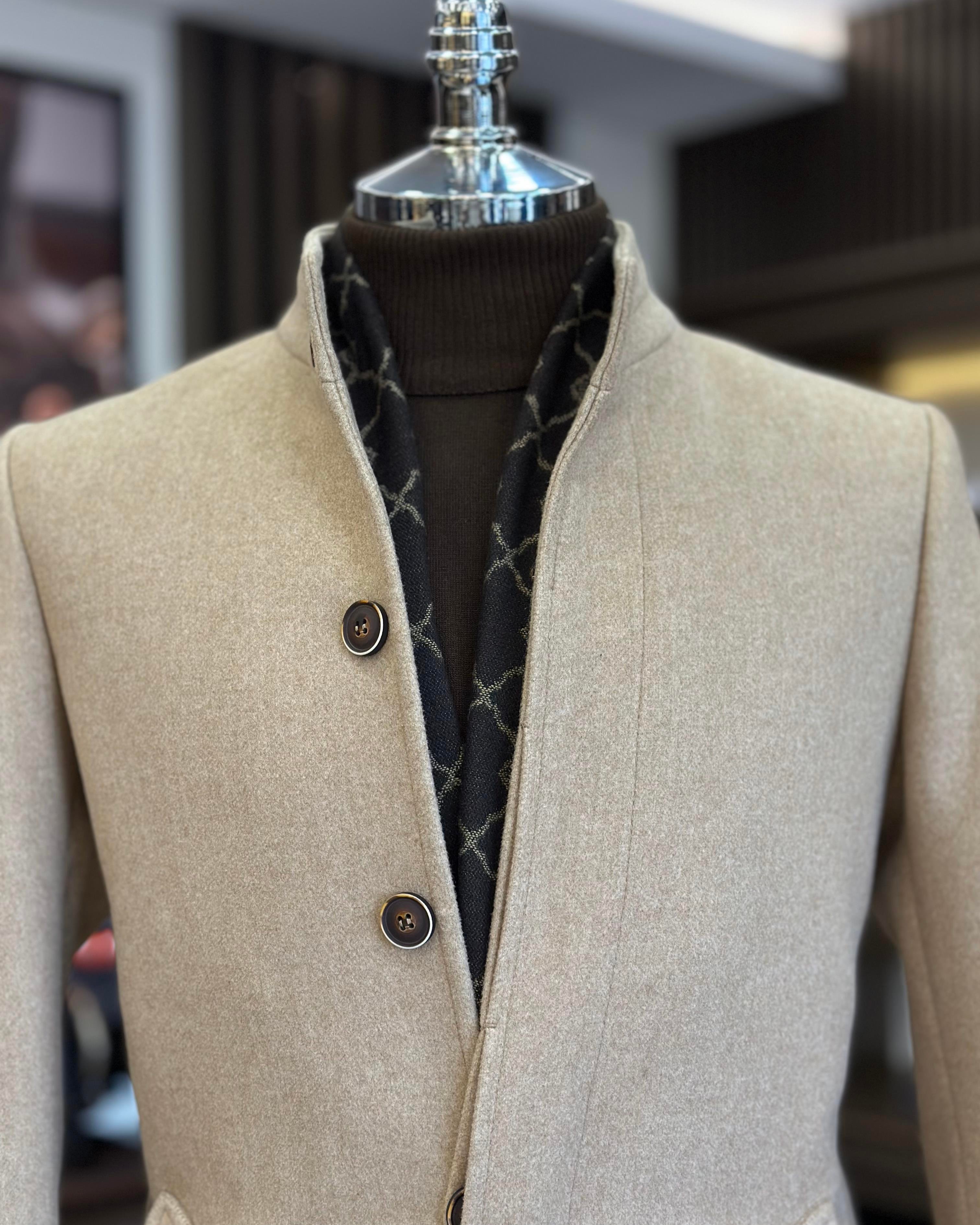 Italian style crew neck wool stamp coat beige T10807