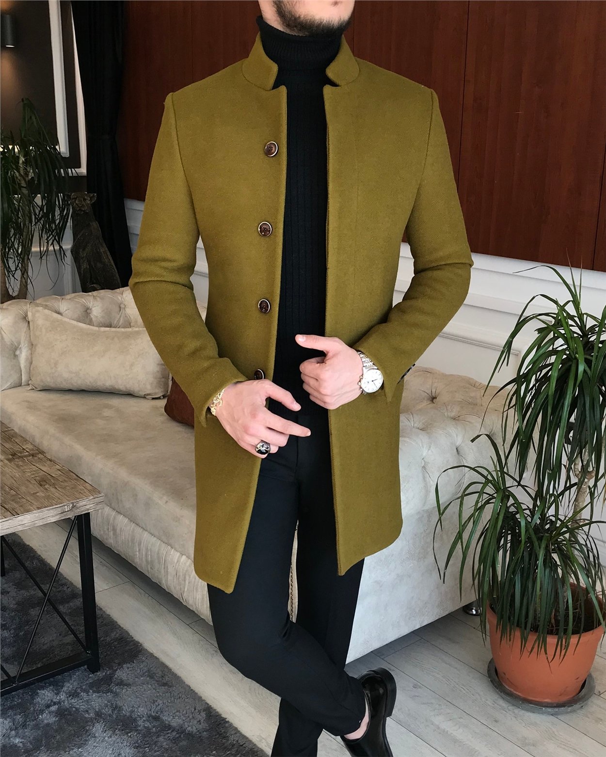 İtalyan stil hakim yaka yün kaşe kaban yeşil T6596